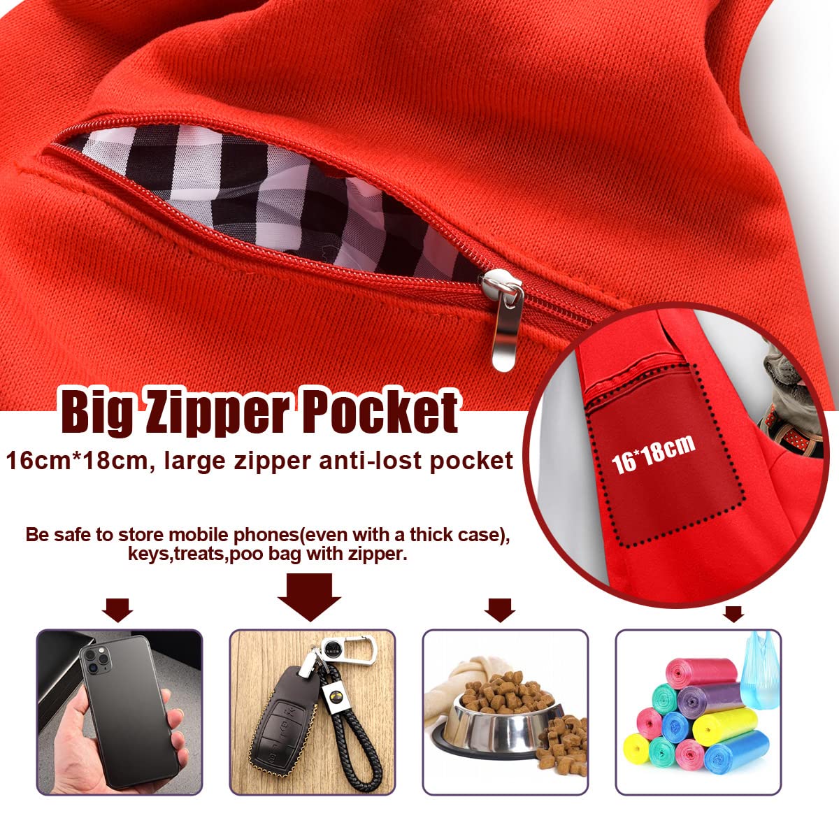 Tomkas Small Dog Sling Carrier - Adjustable Strap & Zip Pocket - for 3-10 lbs Pets(Red)