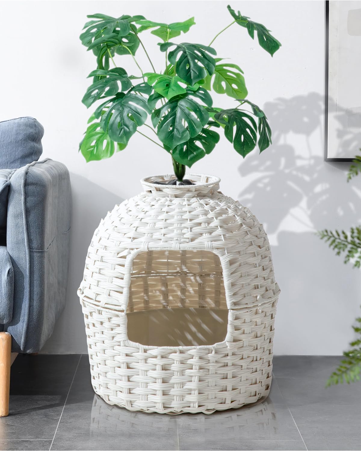 Setvson Cat Litter Box Plant Enclosure, Hidden Handwoven Rattan With Cat Litter Box Furniture And Artificial Plants, Odor Contro