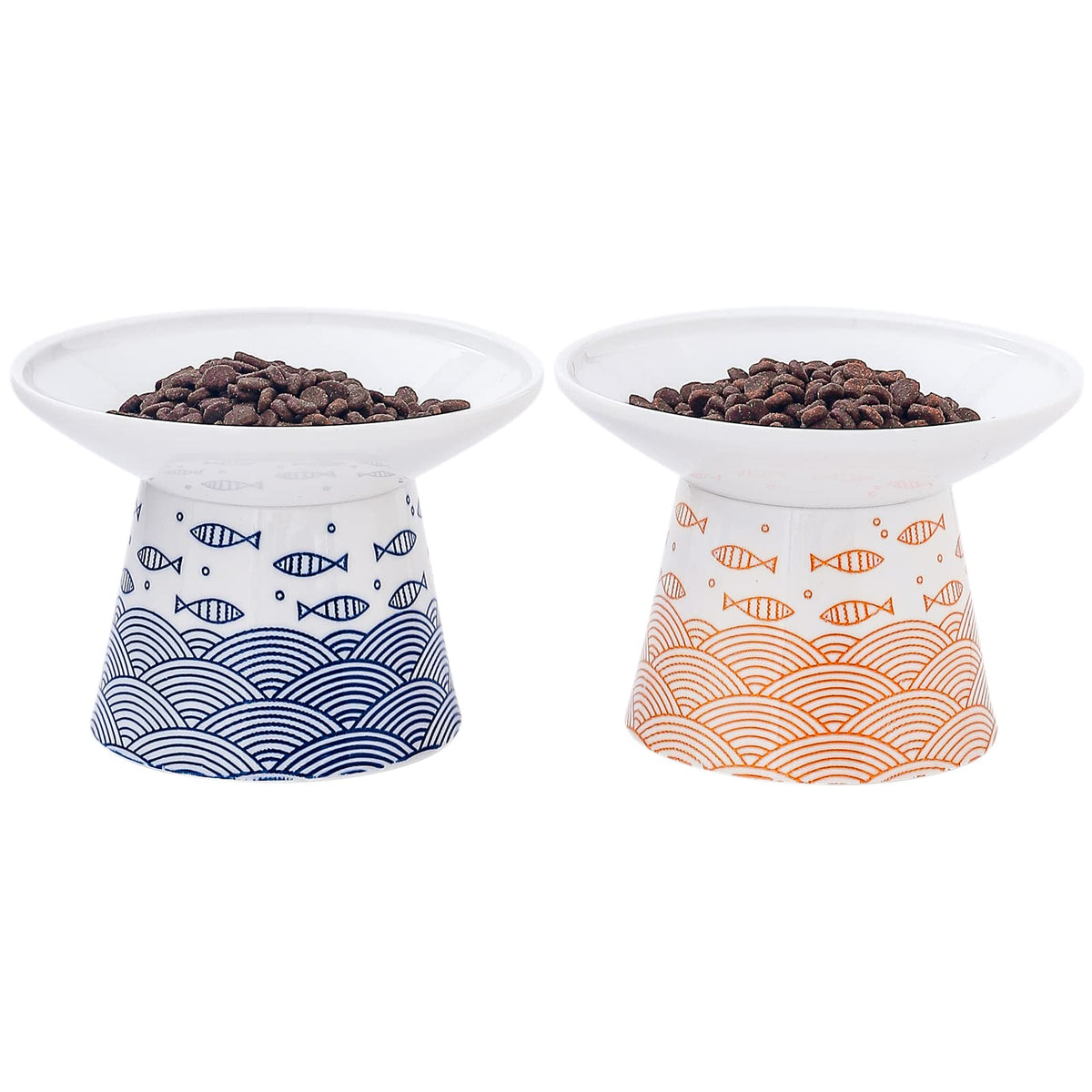 Aomryom 6.25 Inch Extra Wide Elevated Ceramic Cat Bowls, Food And Water Bowl Set For Elder Big Cats Small Dogs, Raised Design For Pet Easy Eating, Blue & Orange, Set Of 2