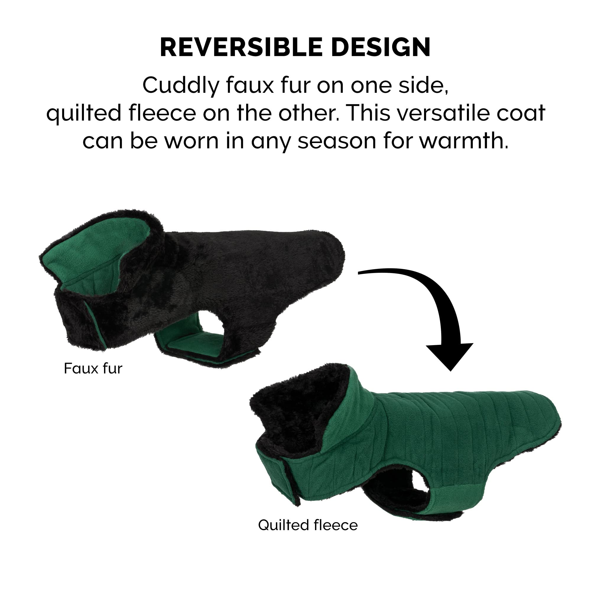 Furhaven Reversible Small Dog Coat, Washable & Insulating W/ Leash Access - Faux Fur & Quilted Fleece Flex-Fit Jacket - Black/Green, Small