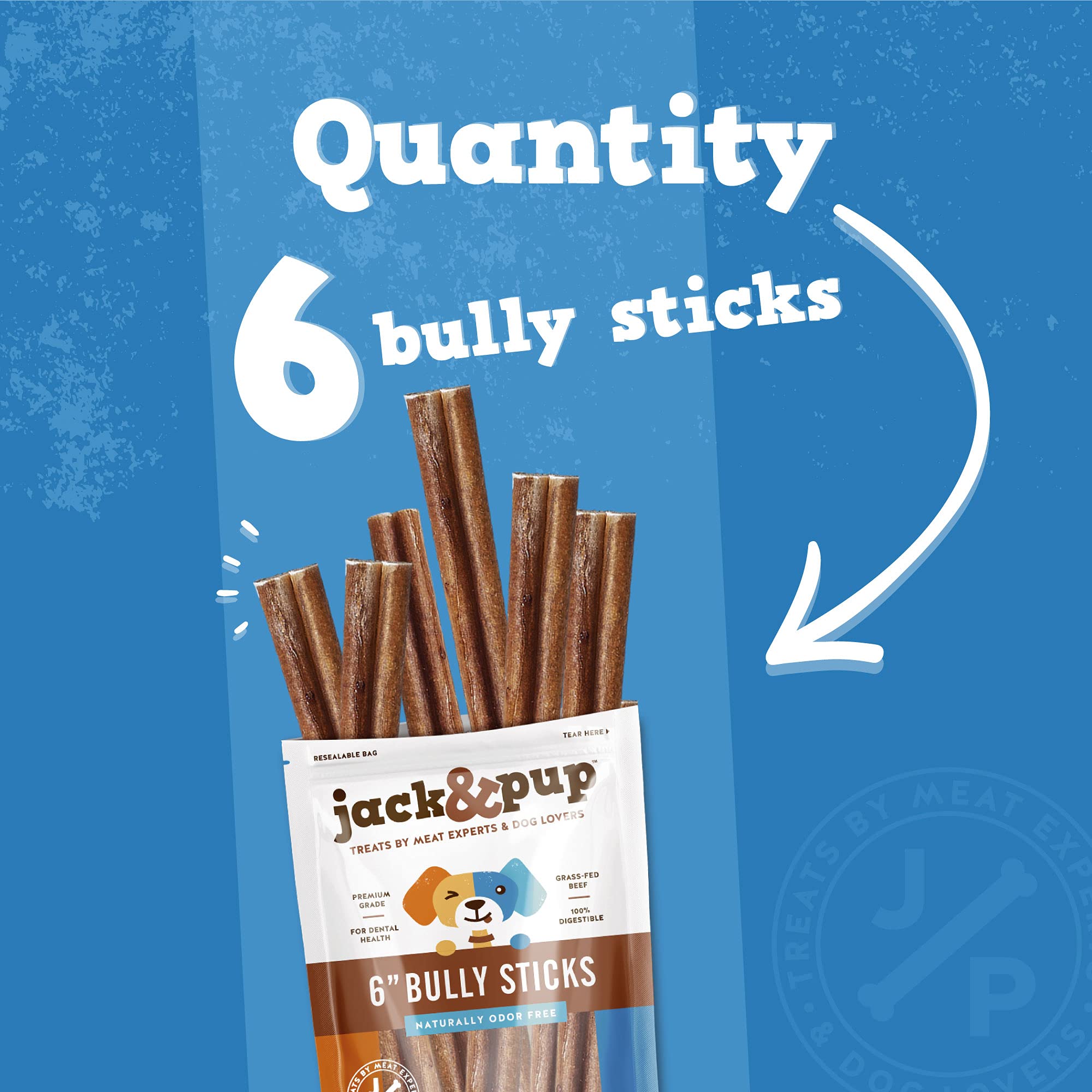 Jack&Pup 6-inch Jumbo Bully Sticks (6 Pack) Single Ingredient, Extra Thick Pizzle Sticks for Dogs | Longest Lasting Bully Sticks