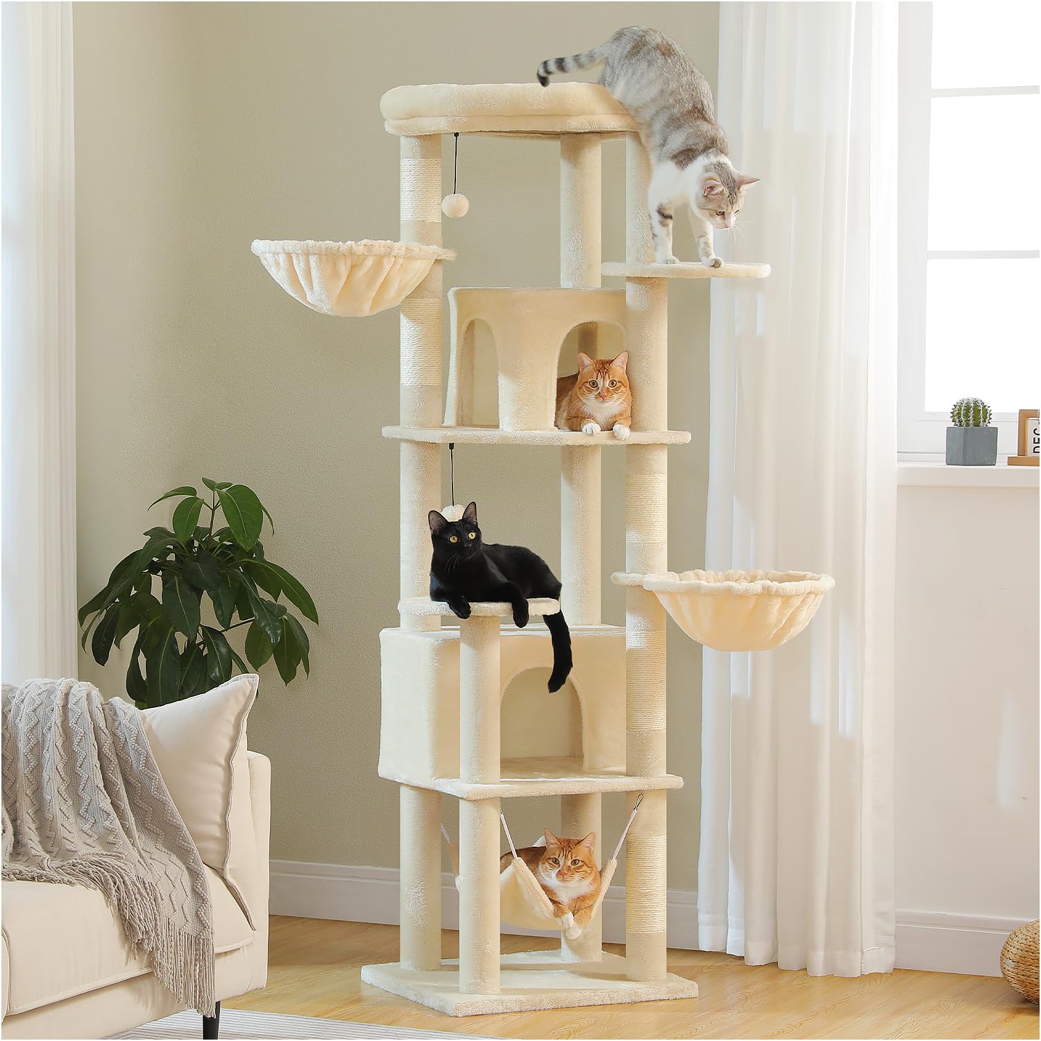 Pawz Road Tall Cat Tower, 70 Inch Cat Tree With Hammock, 5 Scratching Posts, 2 Condos And A Large Top Perches For Large Cats-Bei