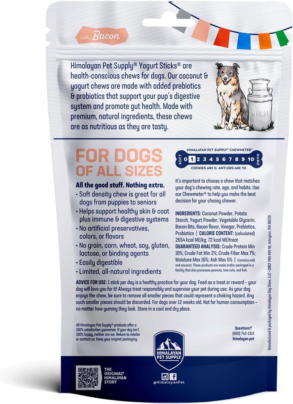 Himalayan Pet Supply Yogurt Sticks Dog Treats in 3 Flavors: 1 Bacon, 1 Yogurt & 1 Peanut Butter Flavor (3 Bags Total, 5 Sticks/B