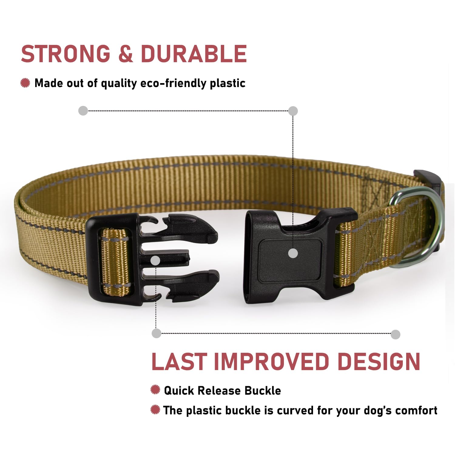 Reflective Dog Collar With Buckle Adjustable Safety Nylon Collars For Small Medium Large Dogs, Brown M