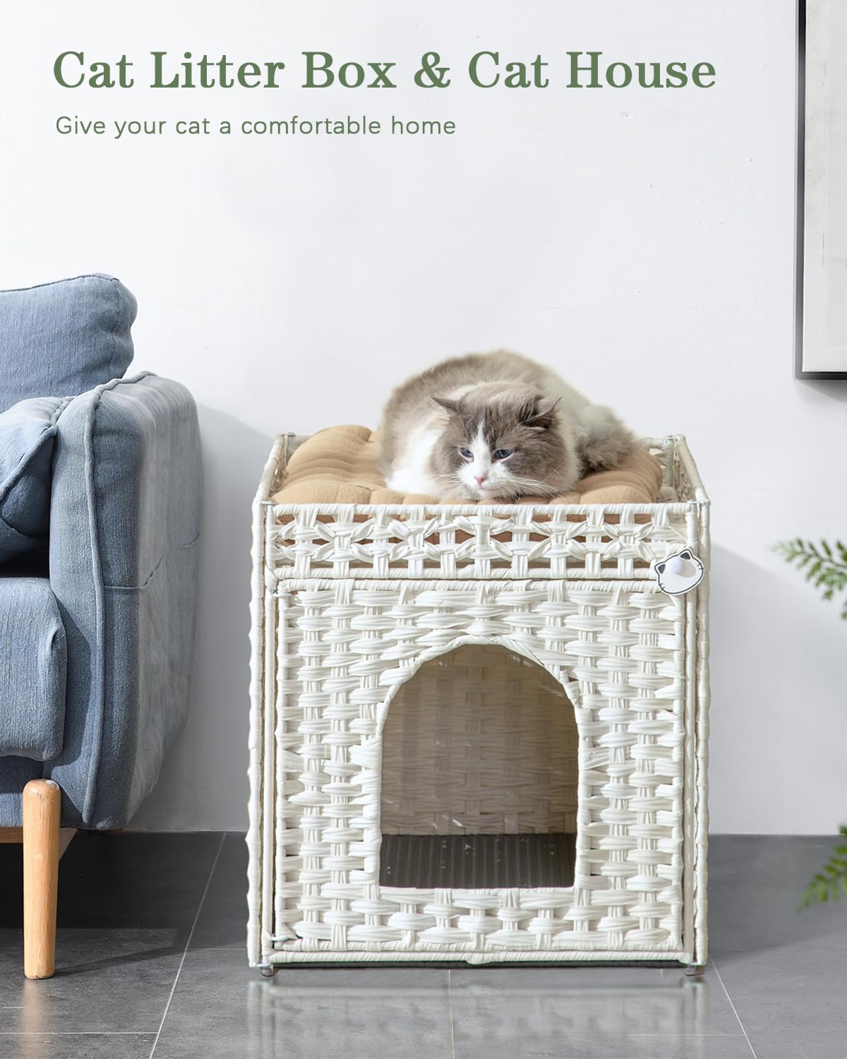 Setvson Cat Litter Box Enclosure Furniture, Hidden Litter Box With Mat And Fence, Handwoven Rattan Cat House With Two S-Shaped H