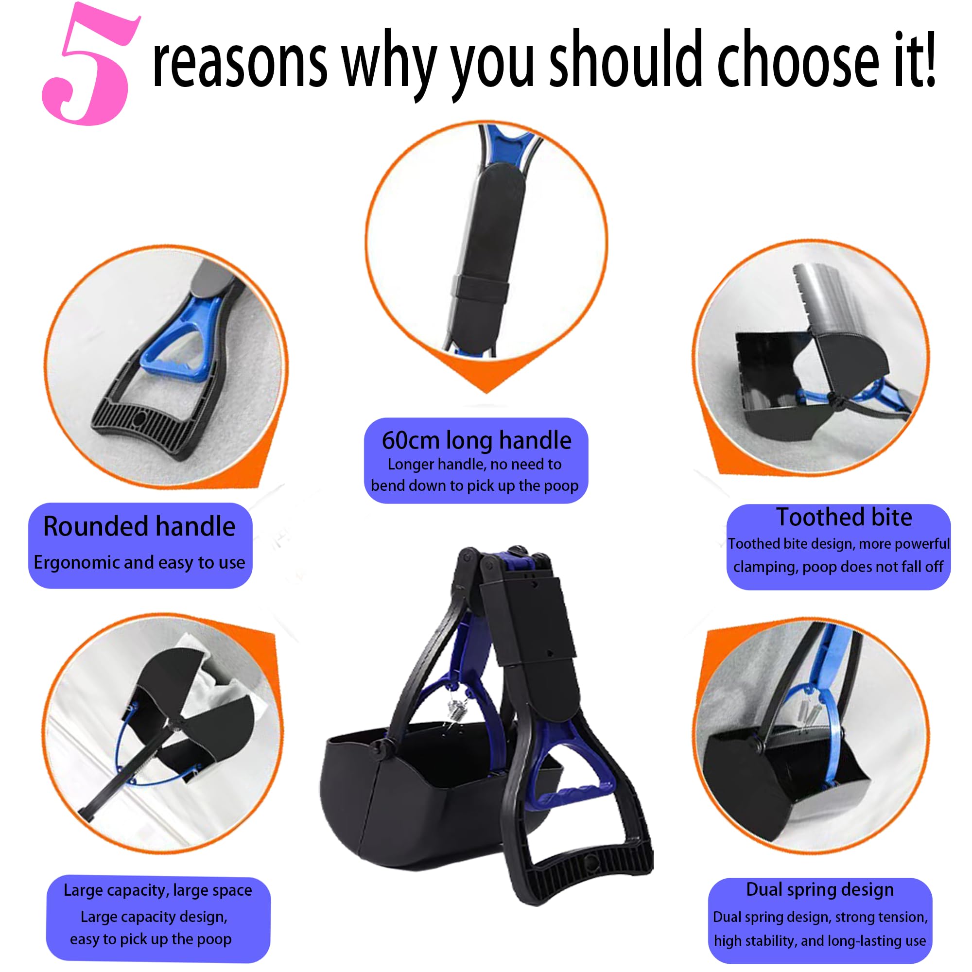 Non-Breakable 24 Inch Portable Dog And Cats Poop Scooper With Foldable Long Handle, 20 Pet Waste Bags & 1 Dispenser, Set For Yar