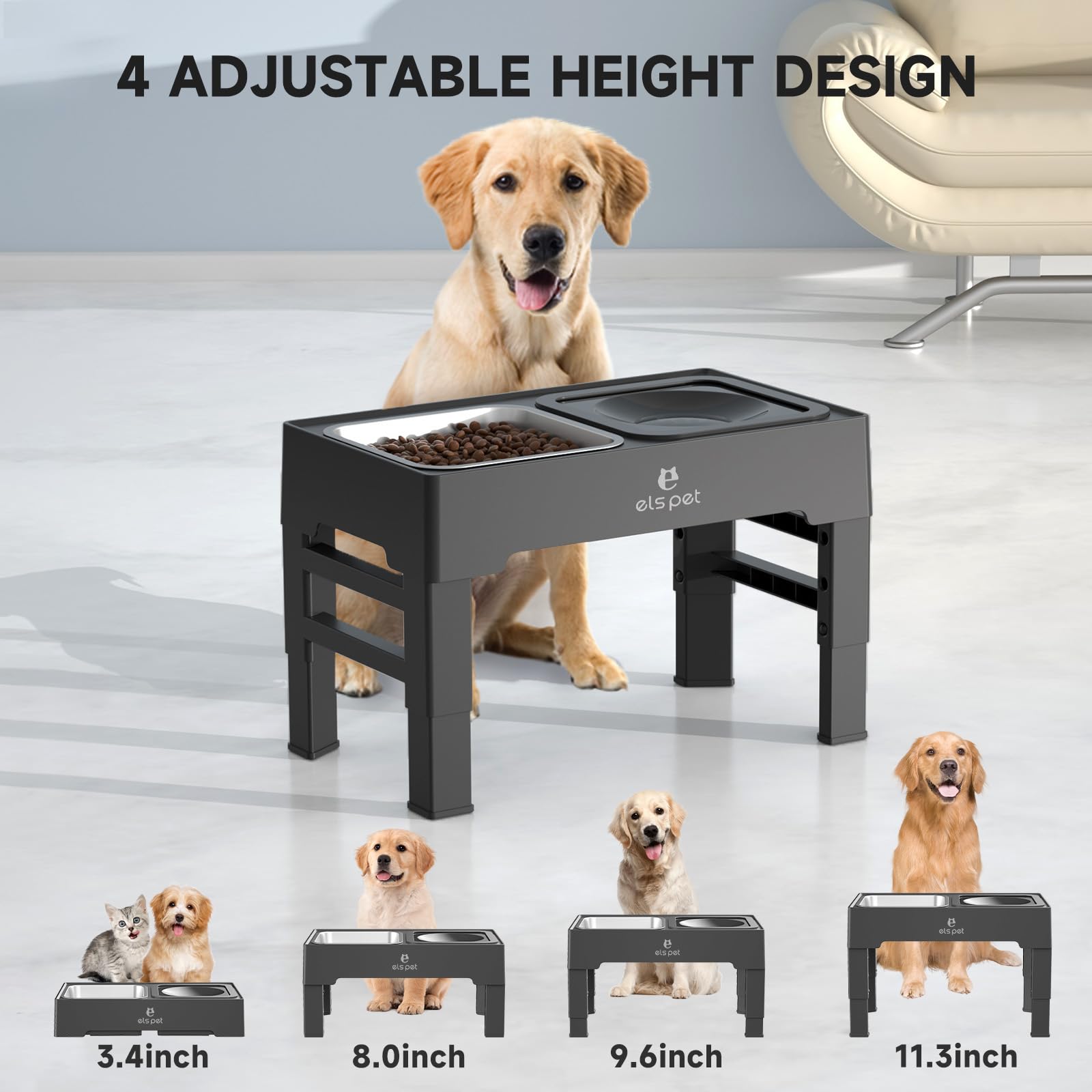 ELS PET Elevated Dog Bowls, Adjustable Raised Dog Bowls with No Spill Dog Water Bowl and Stainless Steel/Slow Feeder, for Small