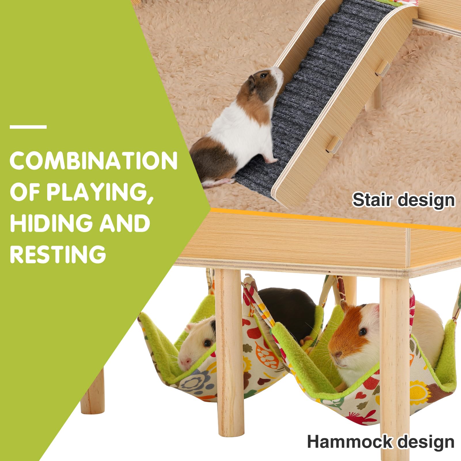Mewtogo Guinea Pigs Hammock With Platform, Wooden Guinea Pig Hideout With Stairs, Safe And Durable Small Pet Bed For Piggies Chi