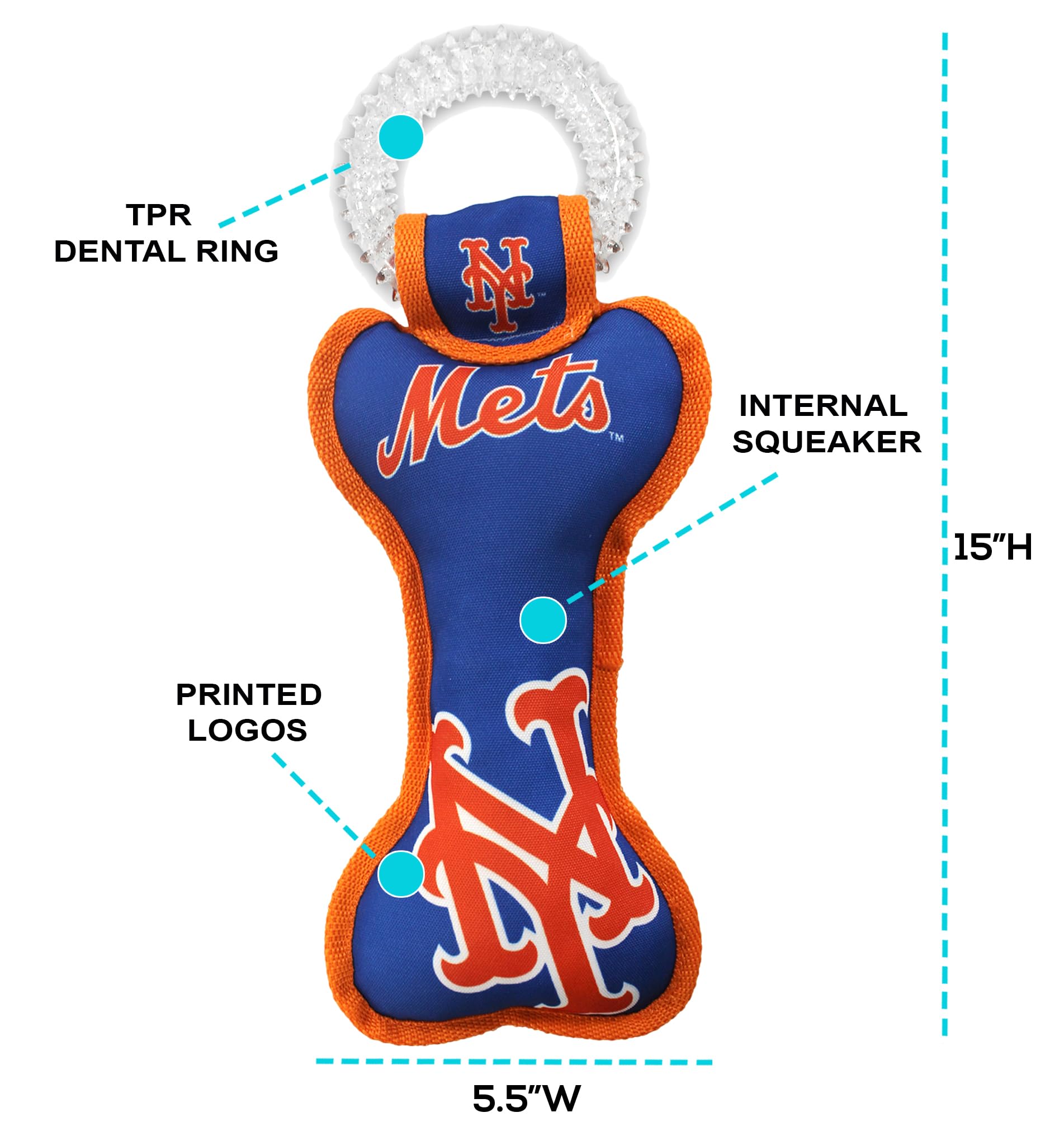 Mlb New York Mets Bone Shaped Dental Dog Tug Toy With Squeaker. Tough Pet Toy For Healthy Fun, Teething, And Cleaning Pet'S Teet