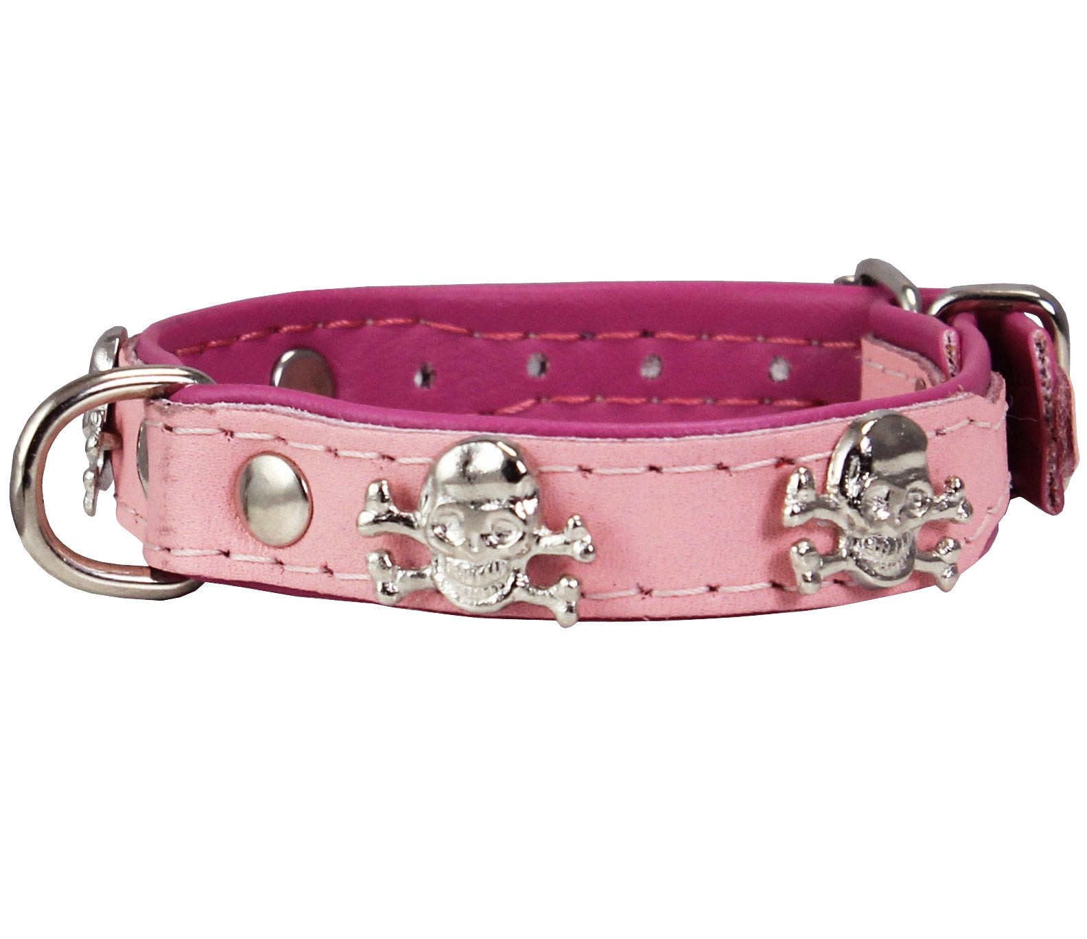 Dogs My Love Real Leather Skull Studded Padded Dog Collar (8.75'-10.5' Neck; 1/2' Wide, Pink/Baby-Pink)