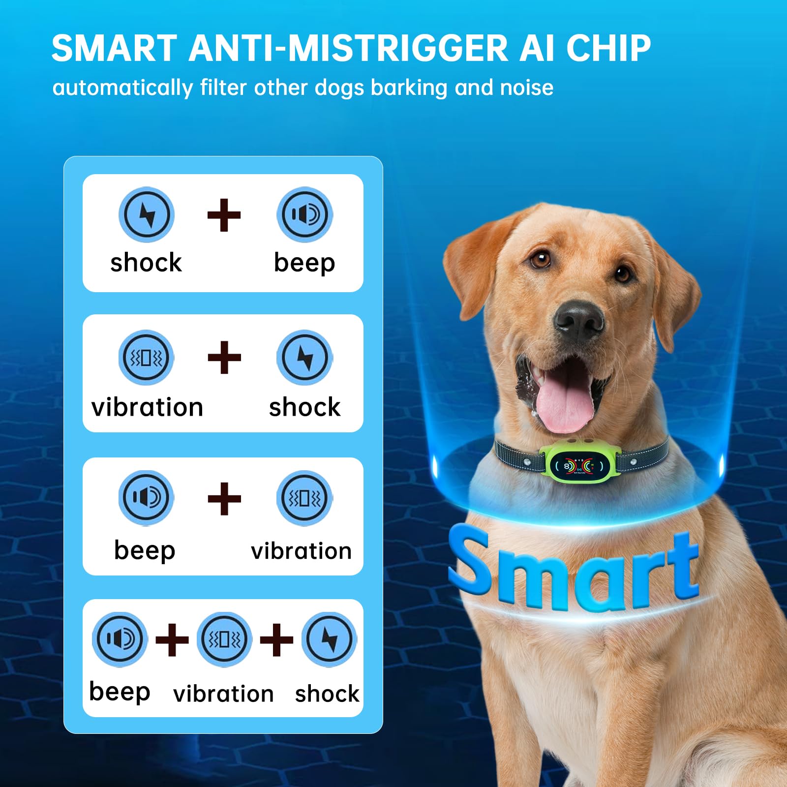 Smoothway Dog Bark Collar, Smart Anti False Triggering Ai Chip, Ip67 Waterproof Rechargeable Anti Bark Collar With Adjustable Se