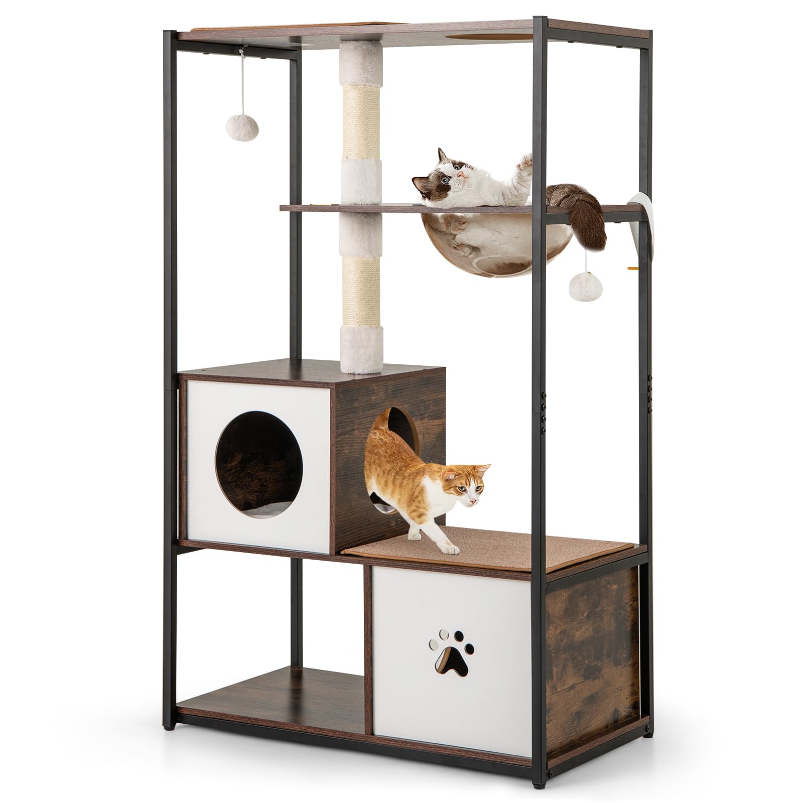 PETSITE 52 Inch Modern Cat Tree with 2 Cat Condos, Multi-Level Cat Tower with Sisal Scratching Posts, Dangling Balls, Removable 