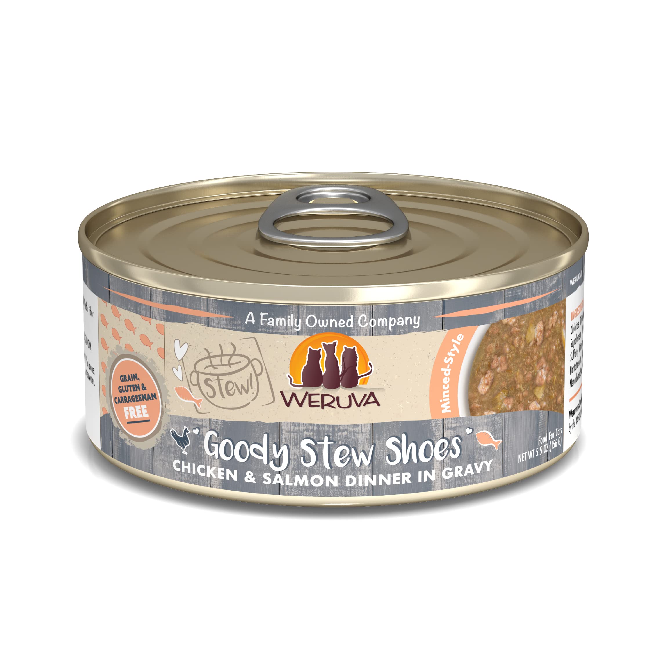 Weruva Classic Cat Stews!, Goody Stew Shoes with Chicken & Salmon in Gravy, 5.5oz Can (Pack of 8)