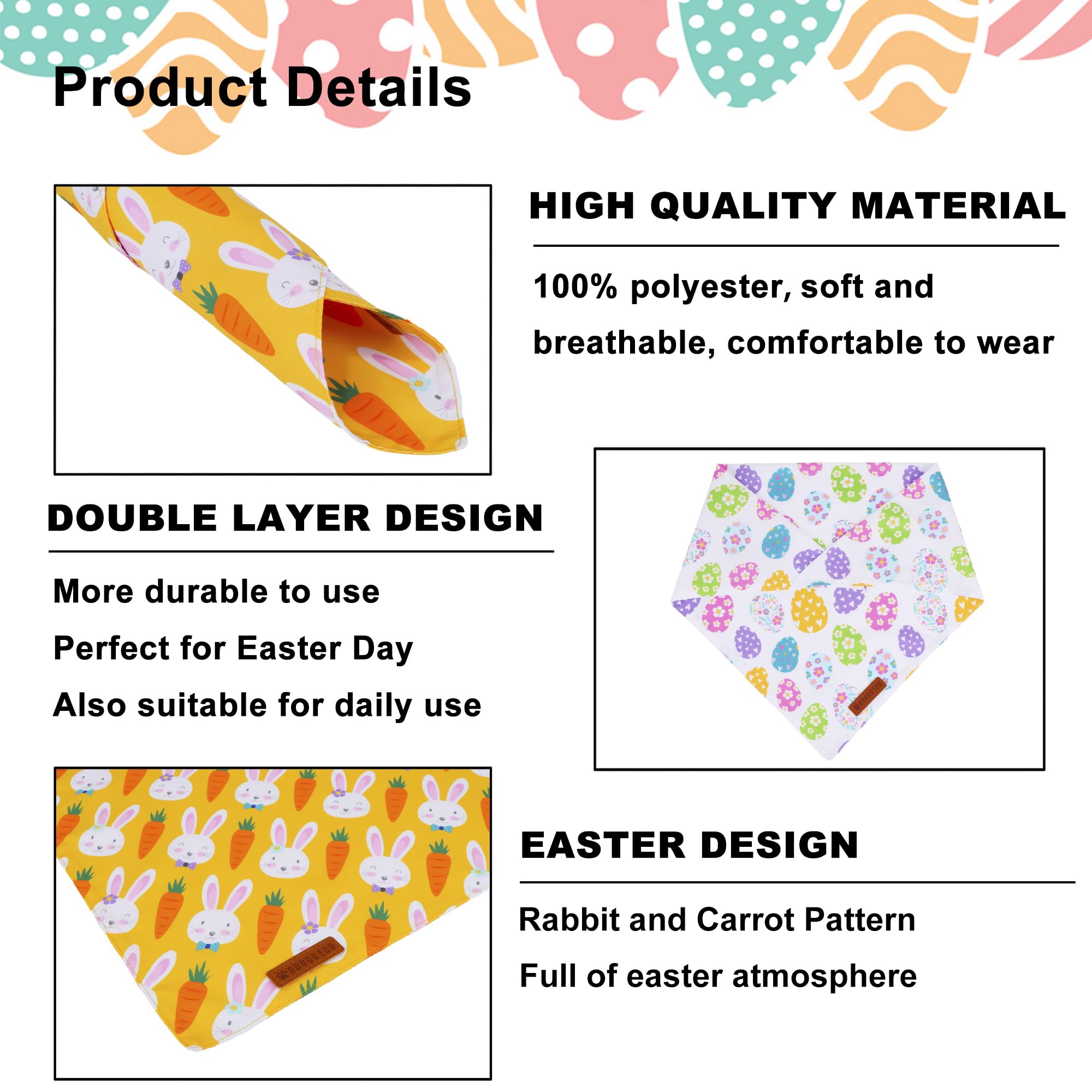 Adoggygo Easter Dog Bandana, Egg Rabbit Carrot Pet Scarf, Premium Durable Fabric, White Orange Easter Bandanas For Extra Large D