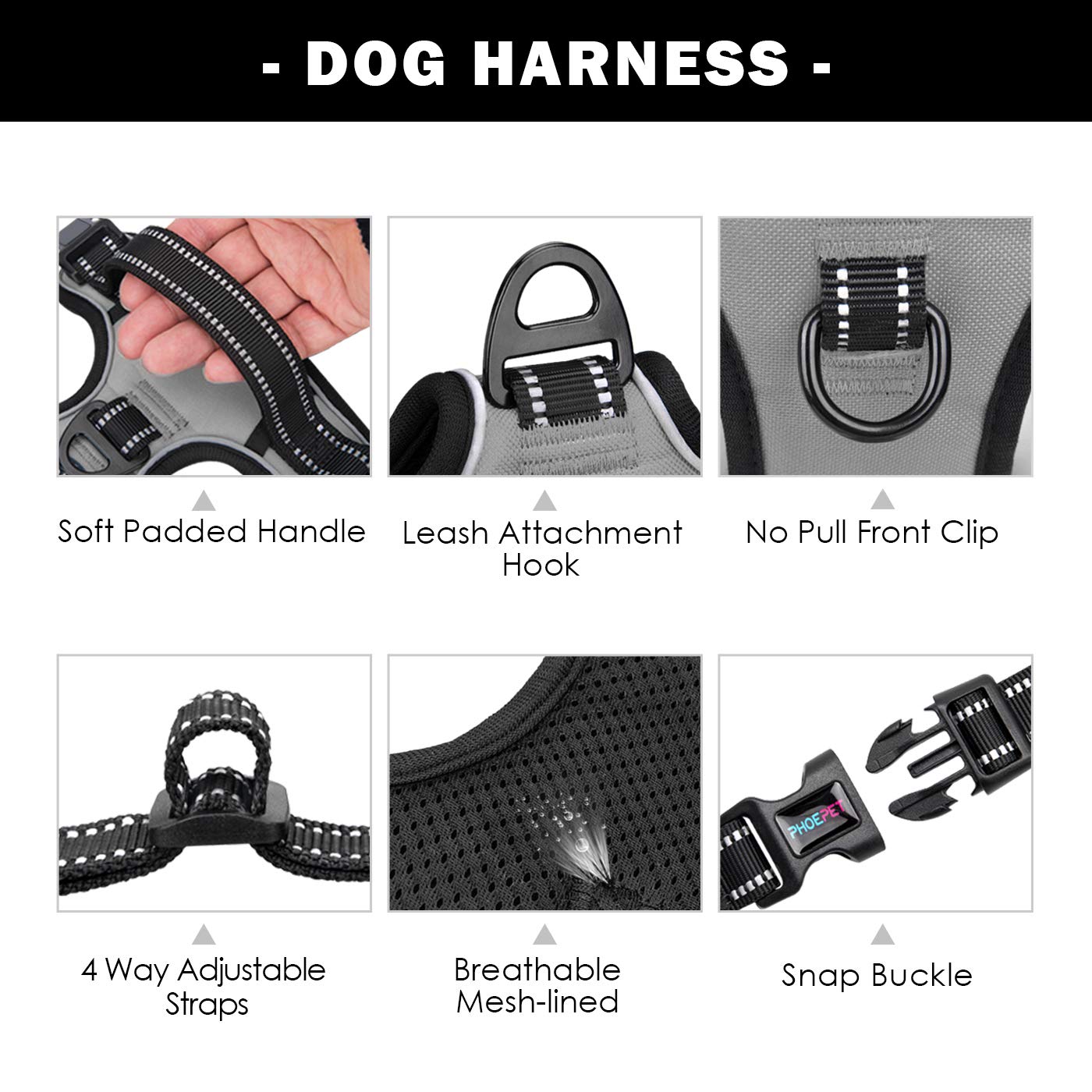 Phoepet No Pull Dog Harness Medium Reflective Front Clip Vest With Handle,Adjustable 2 Metal Rings 3 Buckles,[Easy To Put On & Take Off](S, Grey)