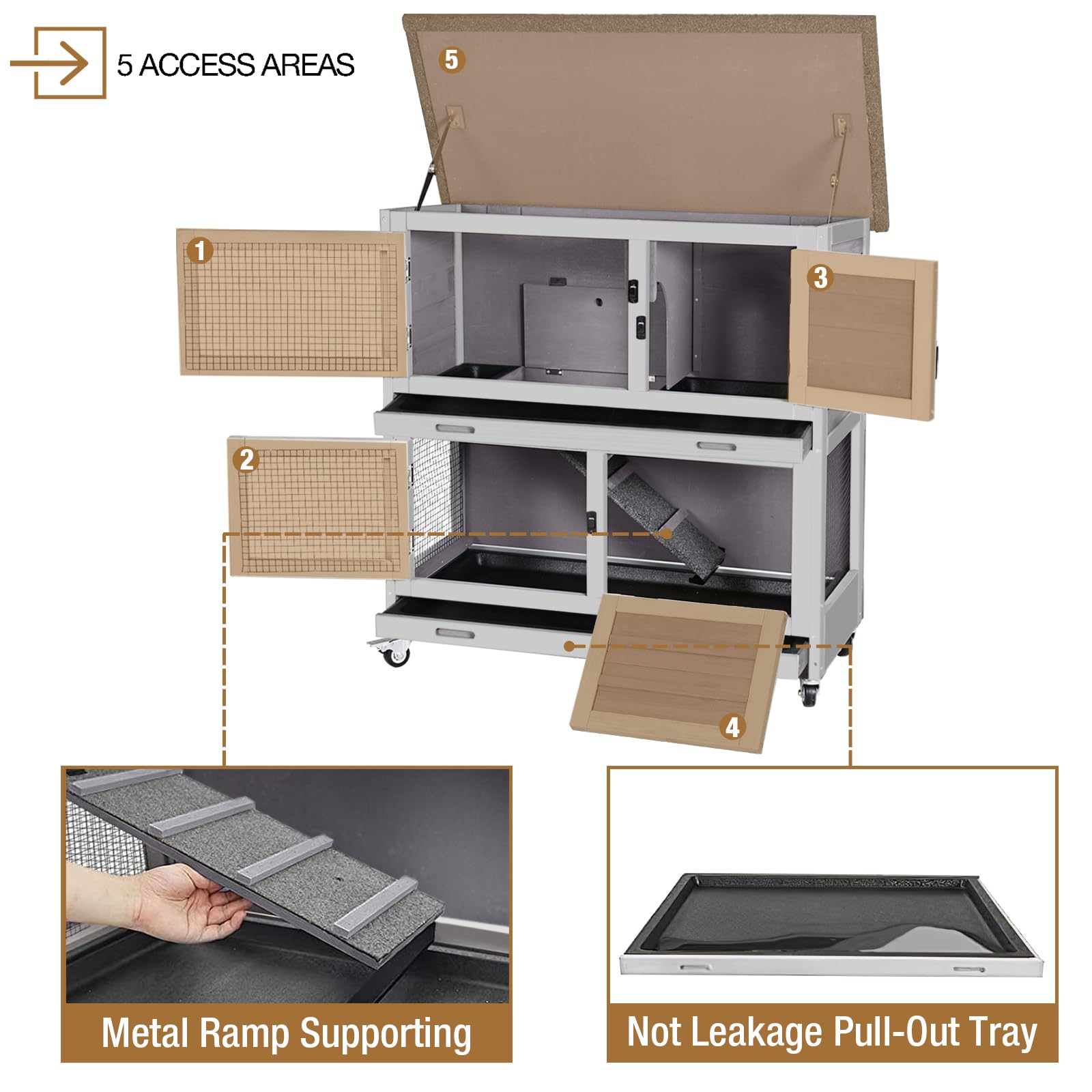 Rabbit Hutch Outdoor Indoor Bunny Cage 2 With Large Pull-Out Trays 2 Story Guinea Pig Cage On Wheels- Move Freely