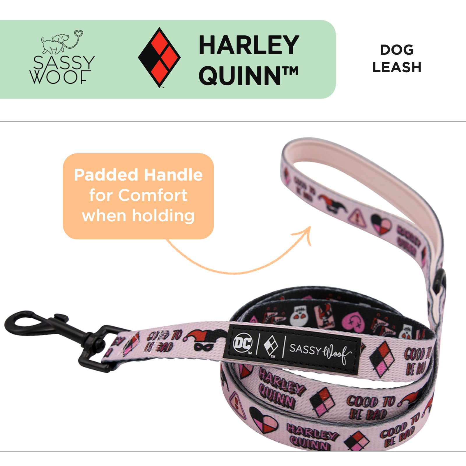 Sassy Woof Harley Quinn Dog Leash 60-Inch With Neoprene Padded Handle - Comfortable, Durable, And Stylish For Small To Large Dog