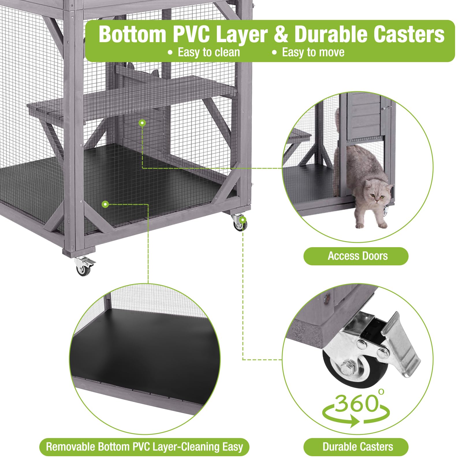 Gutinneen Cat House Outdoor Cage Cat Enclosure On Wheels,Large Wooden Kitty Catio With Resting Box,Pvc Layer