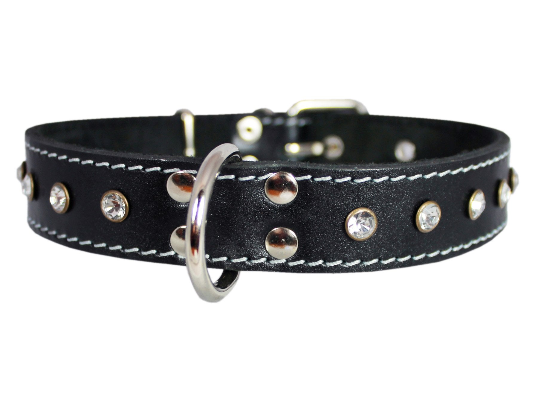 Genuine Black Leather Rhinestone Dog Collar 1'X20' Fits 14'-18' Neck
