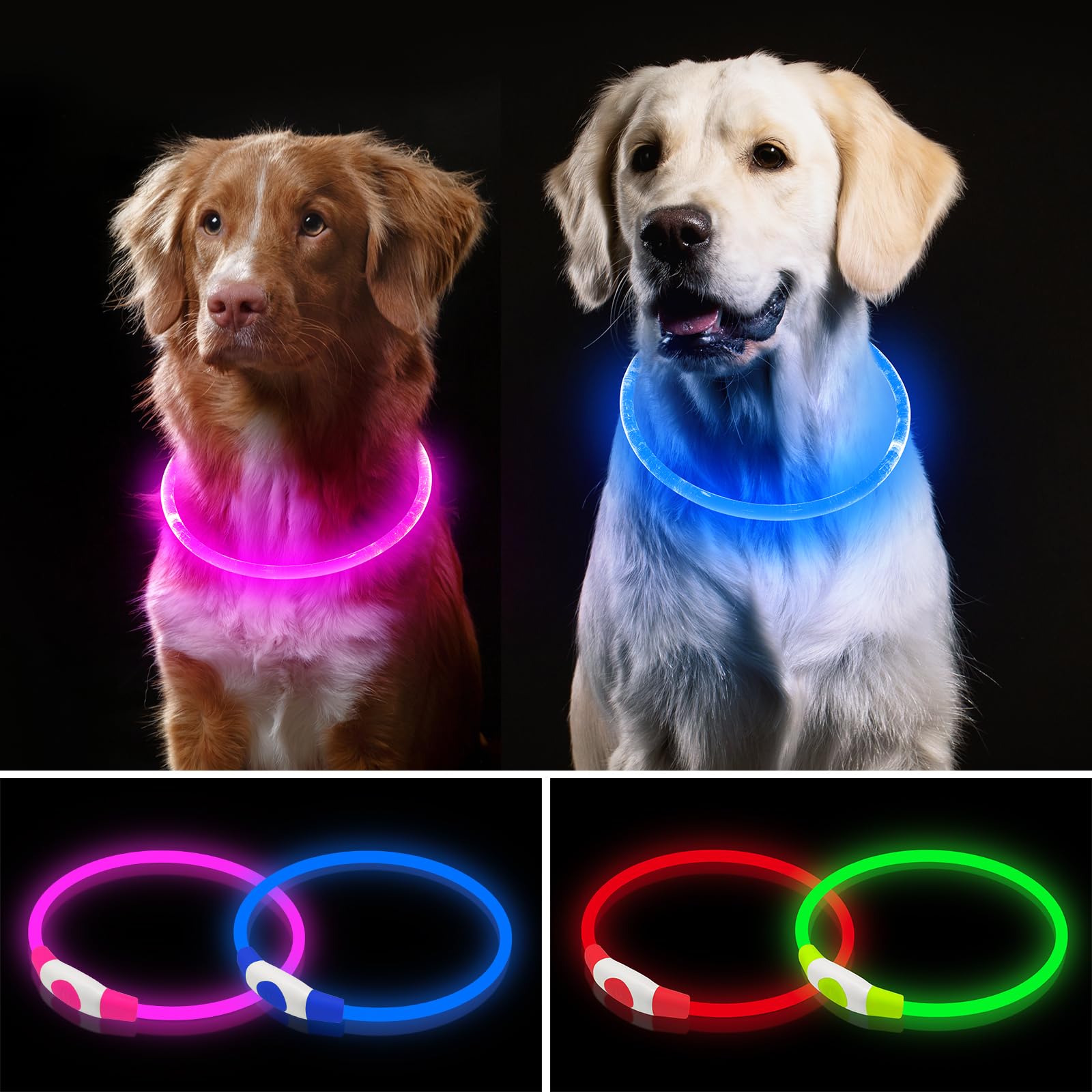 2 Pack Light Up Dog Collar, Usb Rechargeable Dog Collar Light For Night Walking, Led Lighted Dog Collar, Glow In The Dark Dog Co