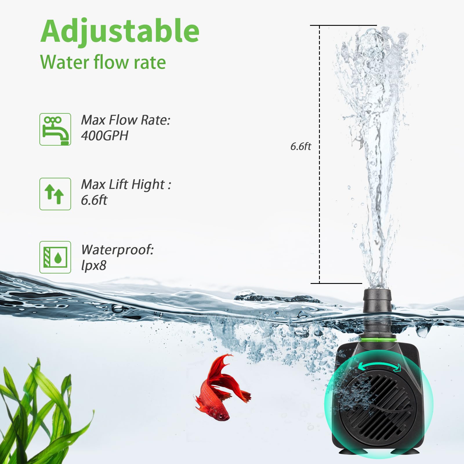 FREESEA Submersible Aquarium Fountain Pump: 400GPH 25W Adjustable Ultra Quiet Small Fish Tank Water Pump with 5ft Tubing for Out