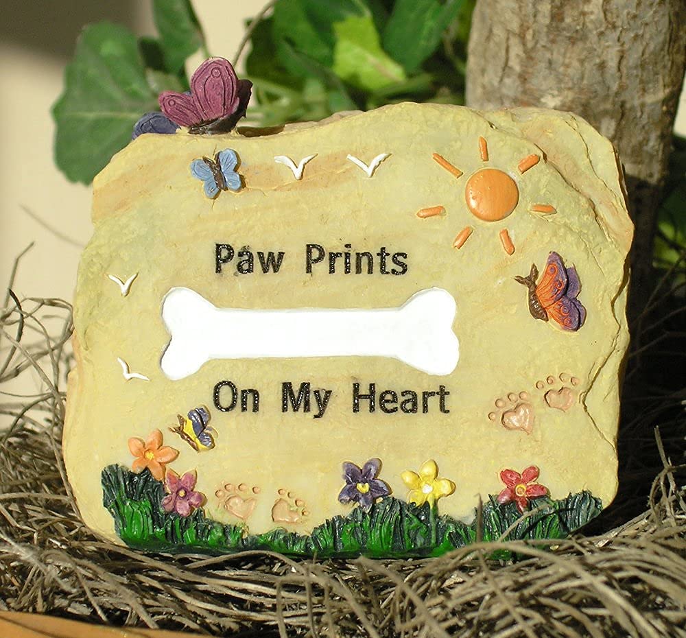 Banberry Designs Dog Memorial Stone - Paw Prints On My Heart Rock With Butterflies, Flowers, Sun - 3.25' W X 2.5' H X 1.5' D - Desktop Pet Remembrance Décor