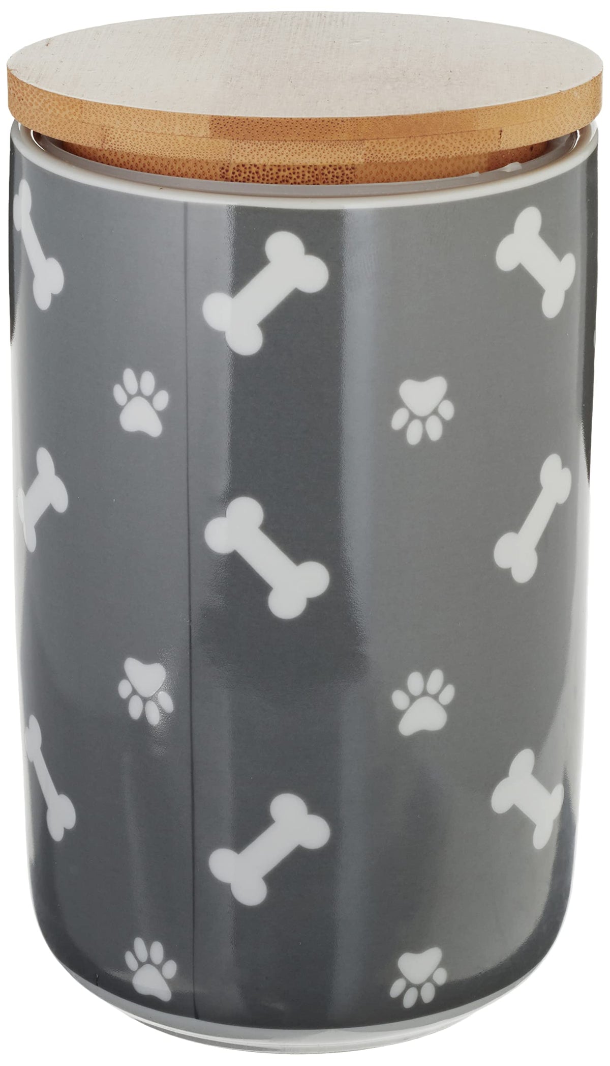 Bone Dry Ceramic Canister for Pet Treats Bamboo Twist to Close Lid, Dishwasher Safe, Keep Dog & Cat Food Safe and Dry, Treat Jar, 4x6.5, Gray Paw & Bone