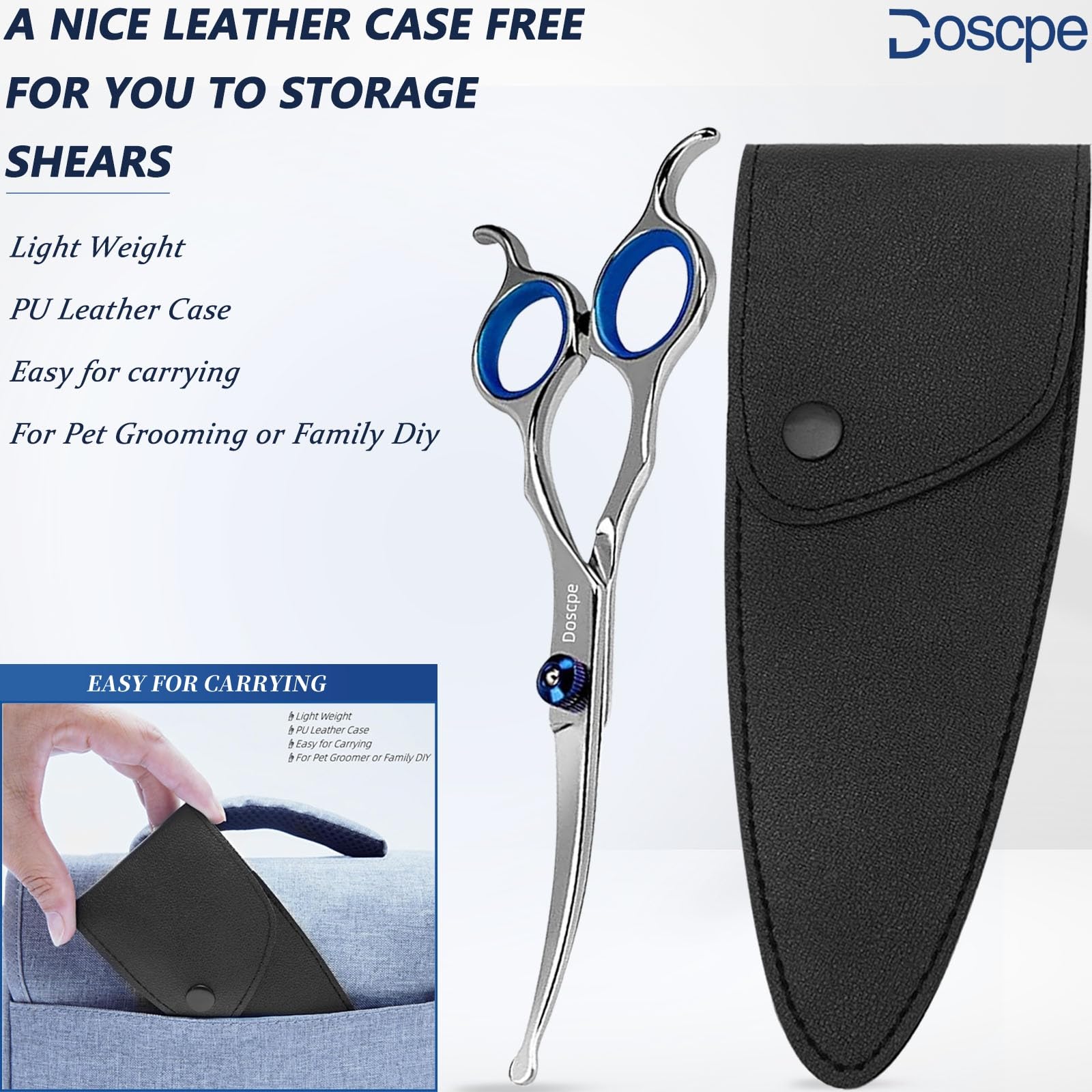 Doscpe Curved Dog Grooming Scissors 7.28 Inches Round Tips Pet Grooming Shears For Dog Cat On Face Paw Hair Trimming Right Left