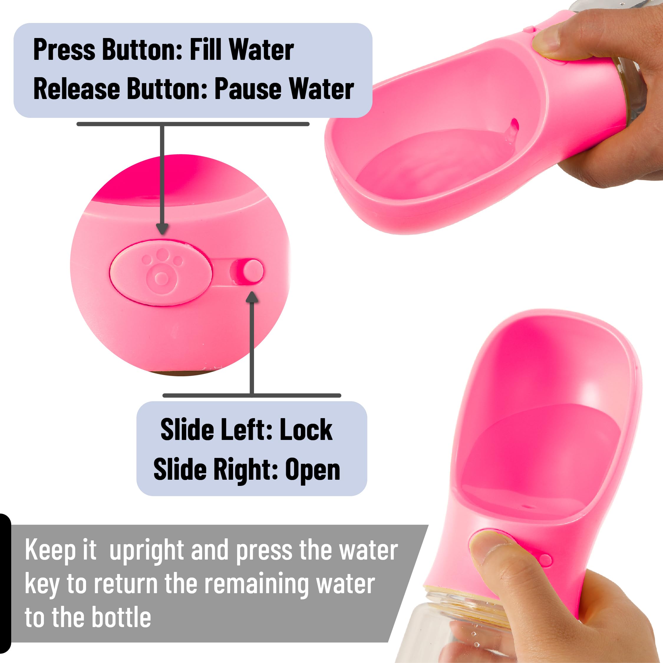 Mr. Pen- Dog Water Bottle, 19 oz, Large, Pink, Portable Dog Water Bottle Dispenser, Dog Travel Water Bottle, Travel Dog Water Bo