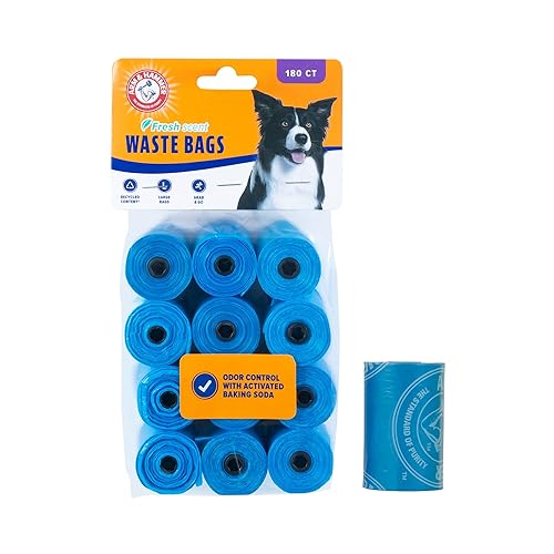 Arm & Hammer Durable Disposable Dog And Cat Waste Bags With Activated Baking Soda, 180 Dog Poop Bags, 9 X 14 Inches, Blue