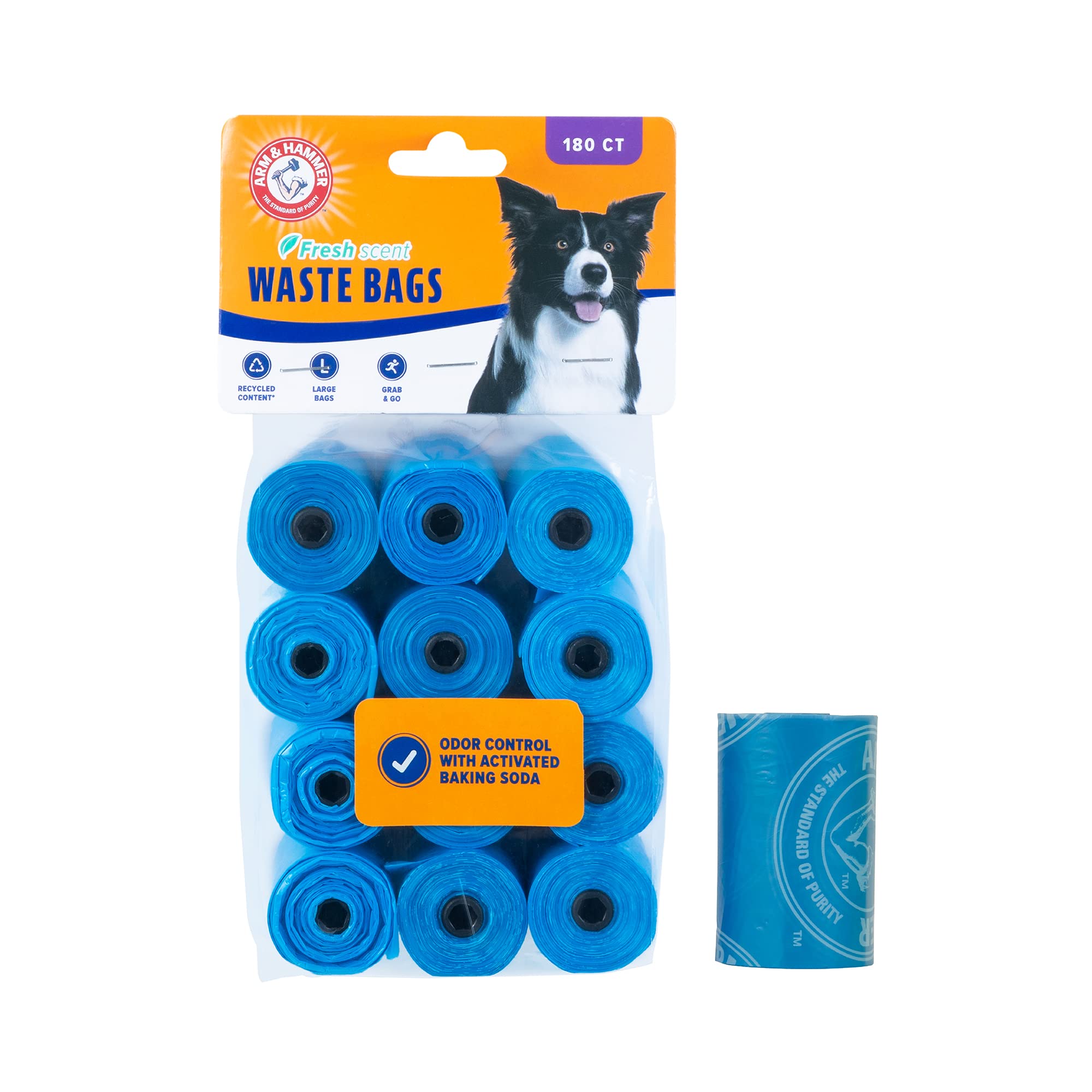 Arm & Hammer Durable Disposable Dog And Cat Waste Bags With Activated Baking Soda, 180 Dog Poop Bags, 9 X 14 Inches, Blue