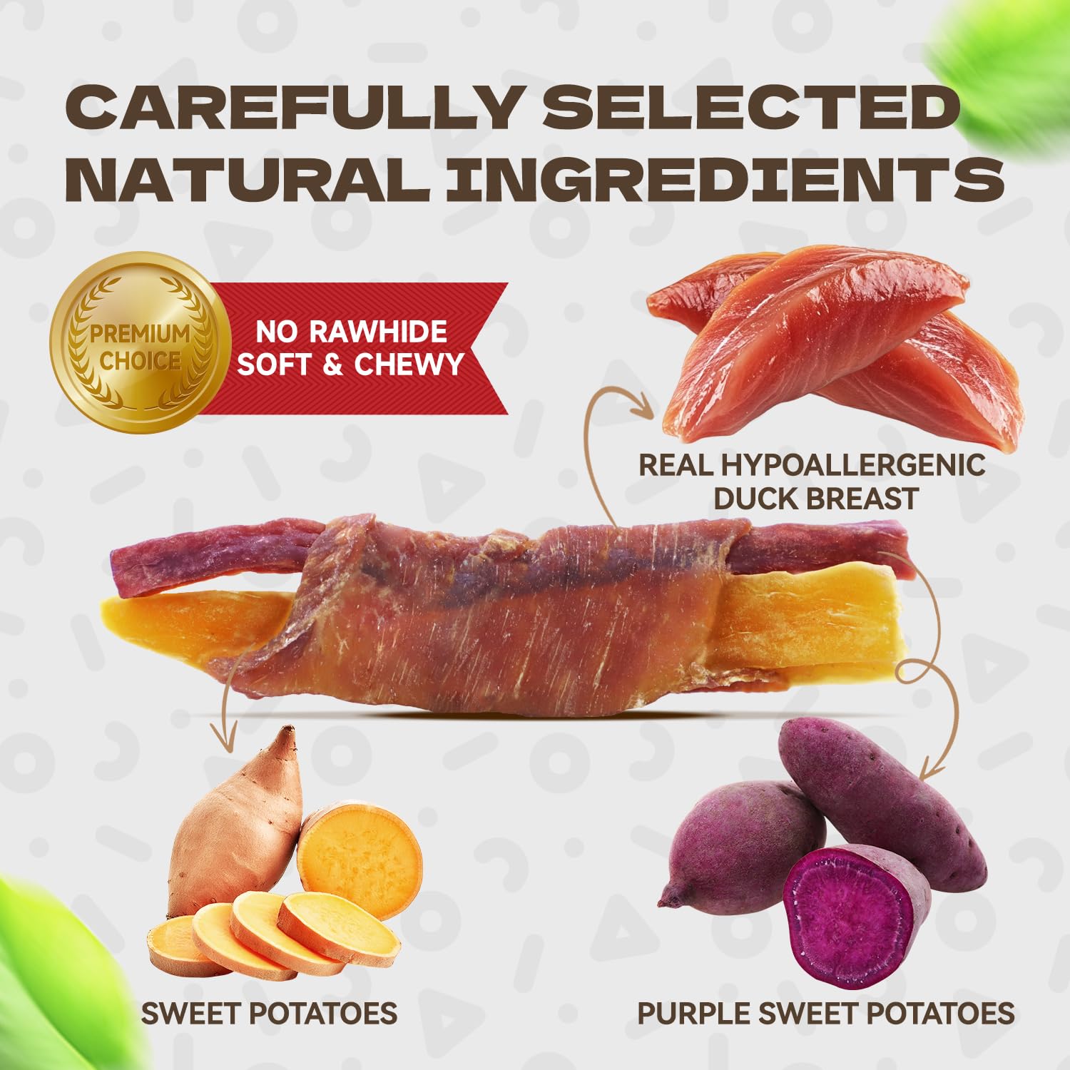 KUADELRO Sweet Potato Dog Treats, Duck Wrapped Double Sweet Potato Dog Jerky Low Fat Training Treats Healthy Chews for Small Med