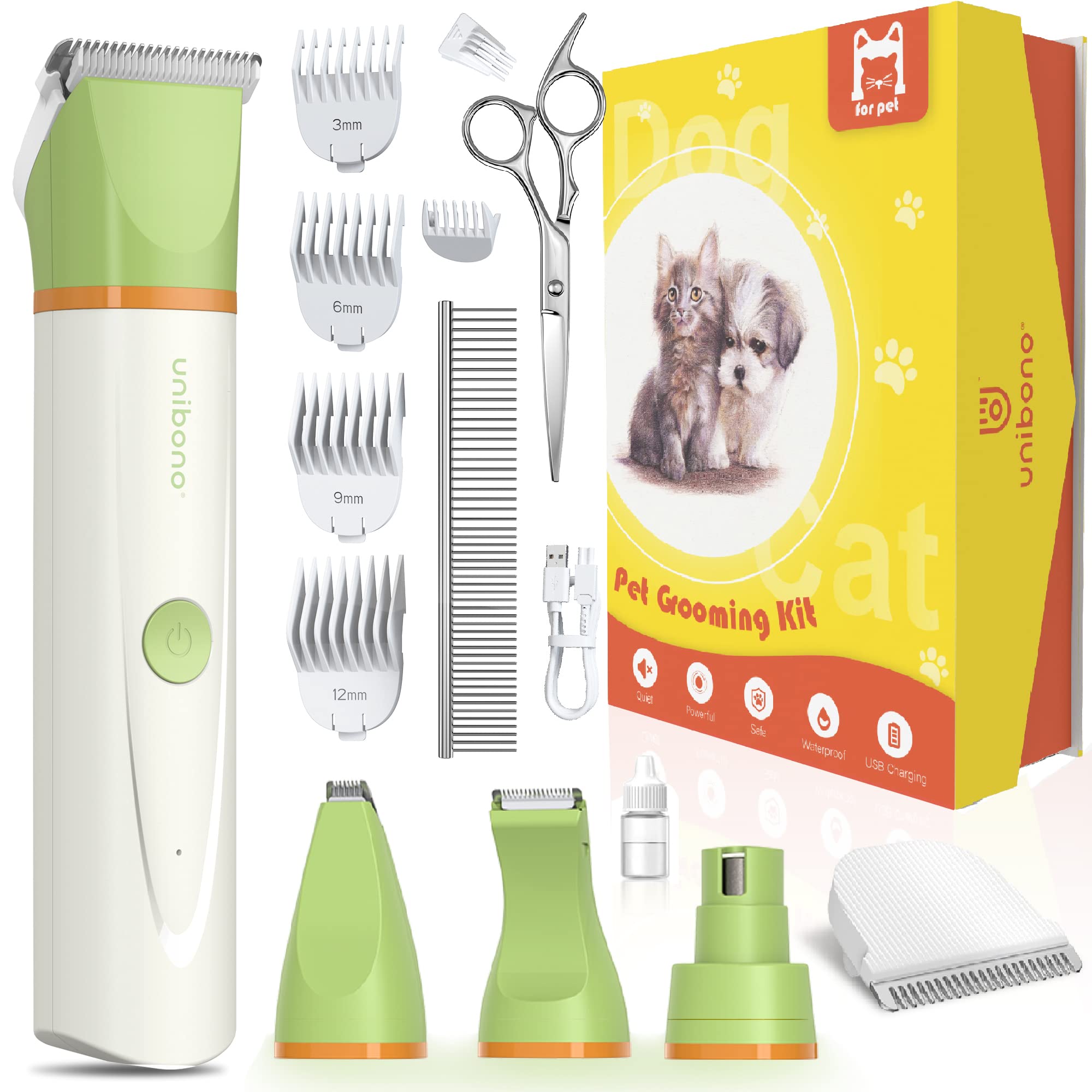 Unibono Dog Grooming Clippers Kit,Heavy Duty Rechargeable Low Noise Paw Trimmer Electric Pet Hair Shaver For Dogs Cats And Other Pets At Home With Gift Box Package
