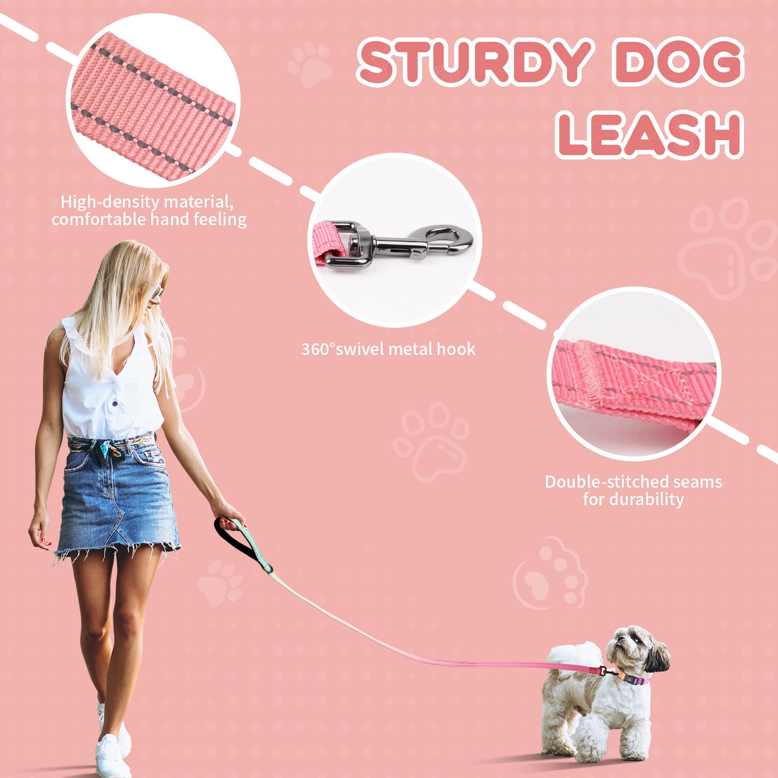 Roses&Poetry Pink Dog Leash And Collar Set, Reflective Dog Collar And Leash For Large Dogs, Adjustable Durable Matching Collars