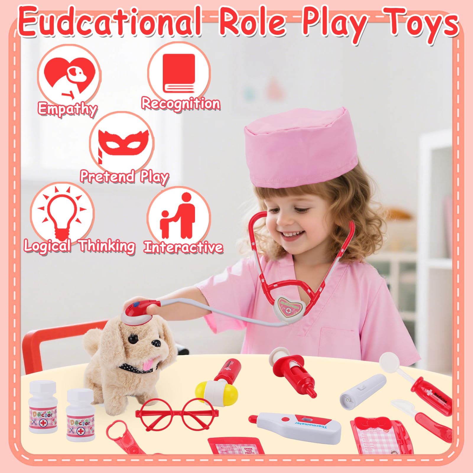 TEUVO Toy Doctor Kit for Girls - Pretend Play Doctor Sets with Dog Toy, Carrying Bag, Stethoscope Toy & Dress Up Costume - Docto