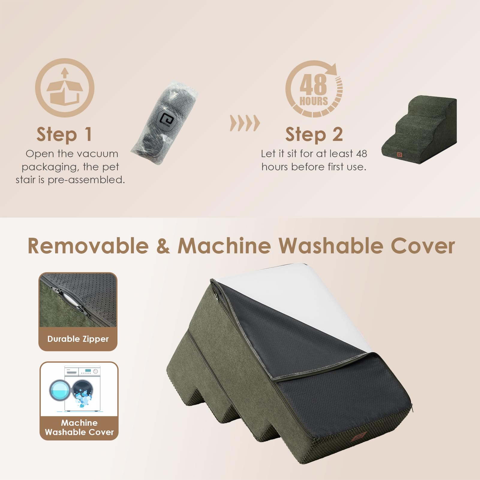 Eheyciga Curved Dog Stairs Ramp For Small Dogs 15.7' H, 3-Step Dog Steps For Couch Sofa And Chair, Pet Stairs For Cats, Non-Slip Balanced Pet Steps Indoor, Olive Green