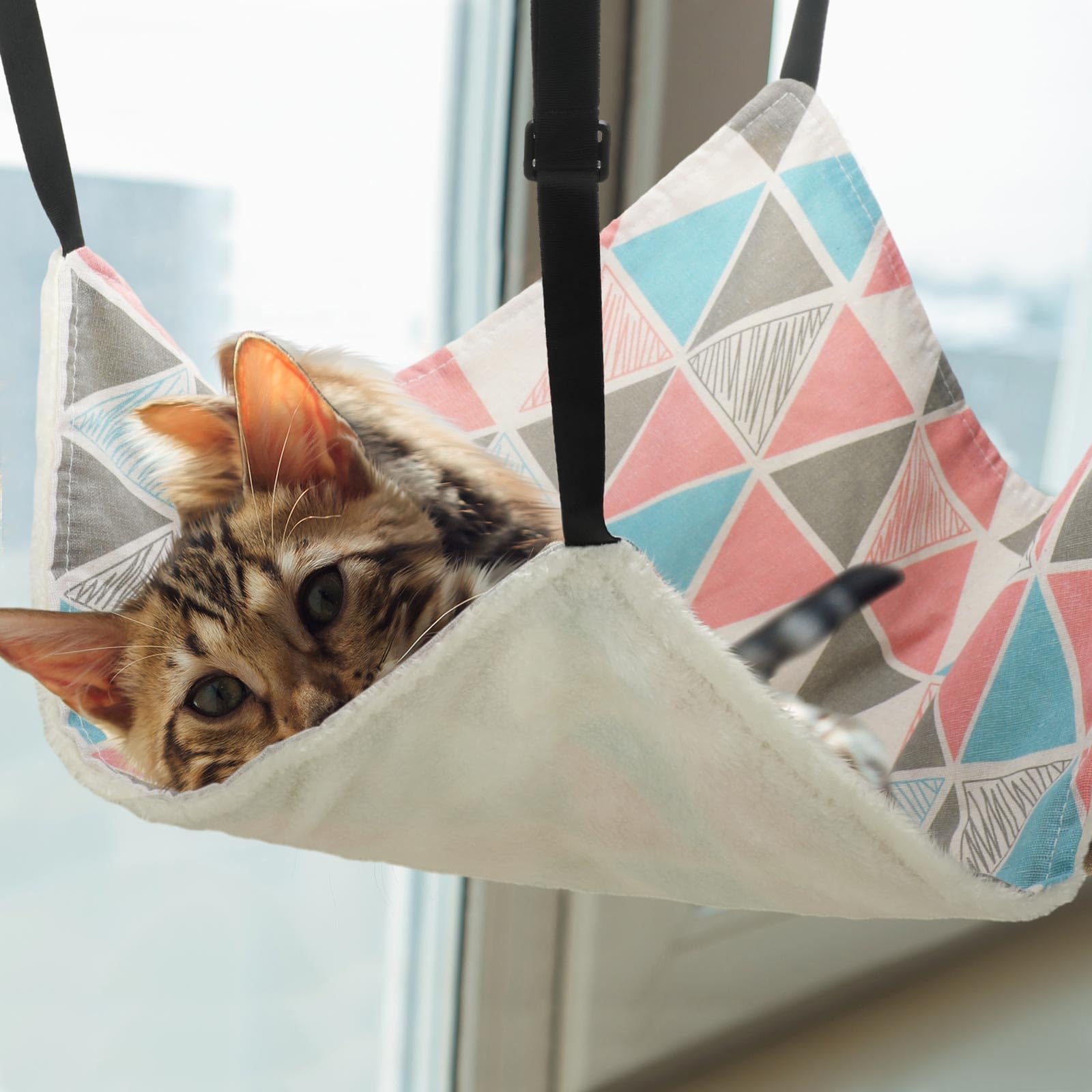 2 Pieces Reversible Cat Hanging Hammock Soft Breathable Pet Cage Hammock With Adjustable Straps And Metal Hooks Double-Sided Hanging Bed For Cats Small Dogs Rabbits (Geometry Pattern, M)