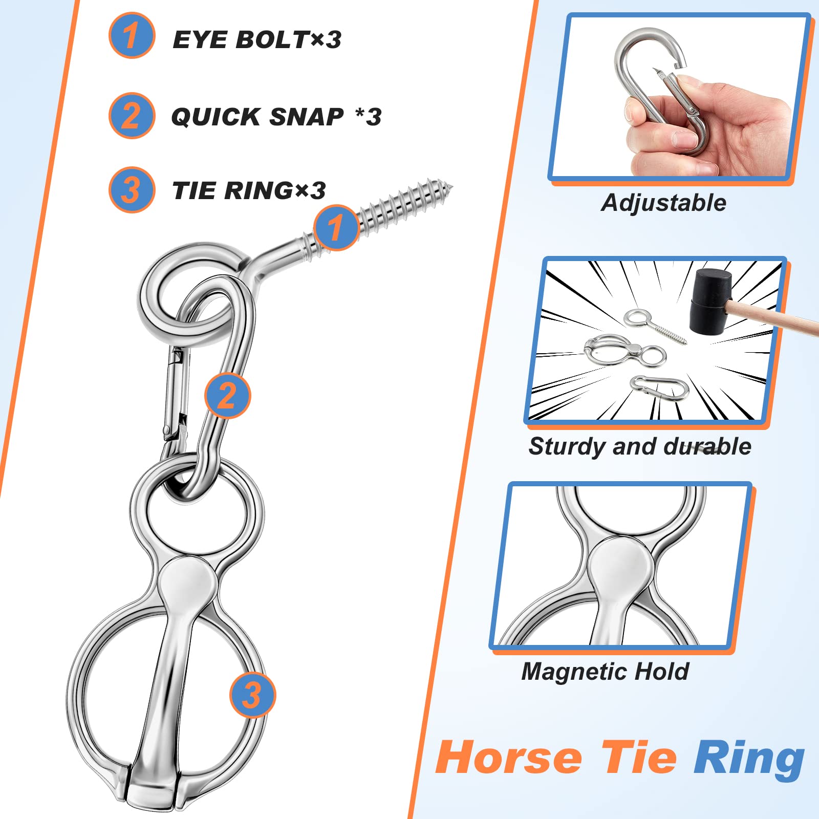 Nuenen Horse Tie Ring Stainless Steel Horse Tack And Supplies Safety Horse Accessories With Eye Bolts And Snaps Saddle Horse Training Equipment For Pulling Back, Silver (3 Sets)