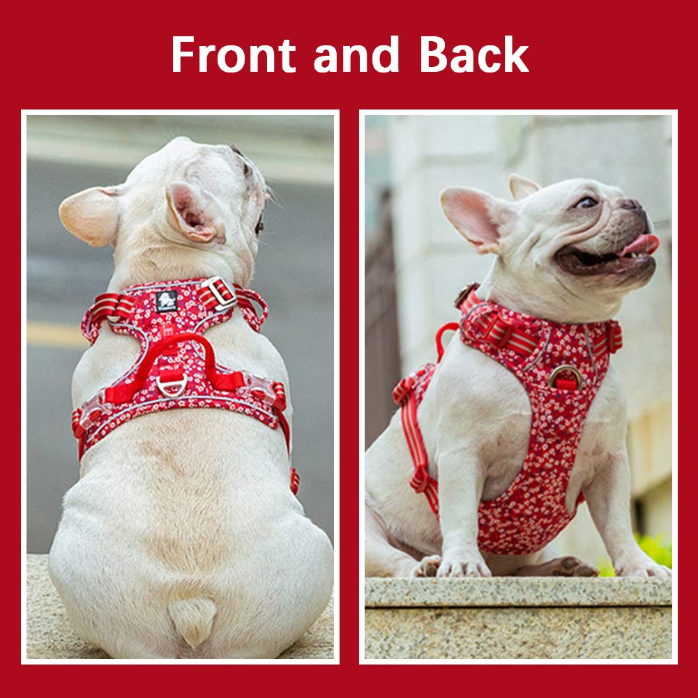 La La Pet® Floral No Pull Dog Harness Reflective Dog Vest Harness With Front & Back 2 Leash Clips And Easy Control Handle For Small Medium Large Dogs 3 Snap Buckles Easy To Put On & Take Off Red S
