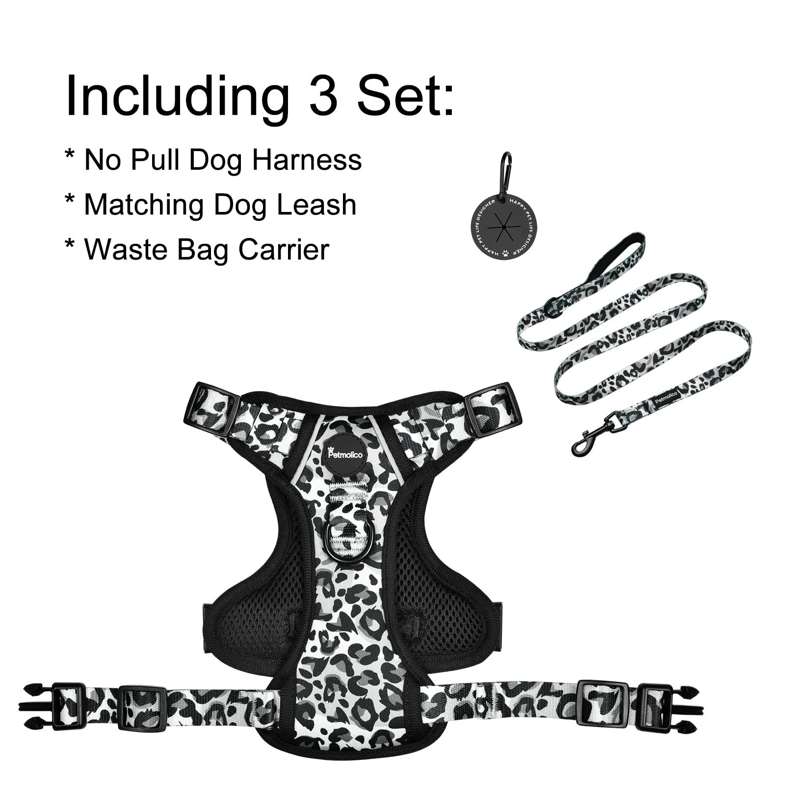 Petmolico Dog Harness For Medium Dogs No Pull, Cute Dog Harness With Two Leash Clips And Soft Handle, Reflective Easy Walk Dog Harness With Leash, Gray Leopard Medium