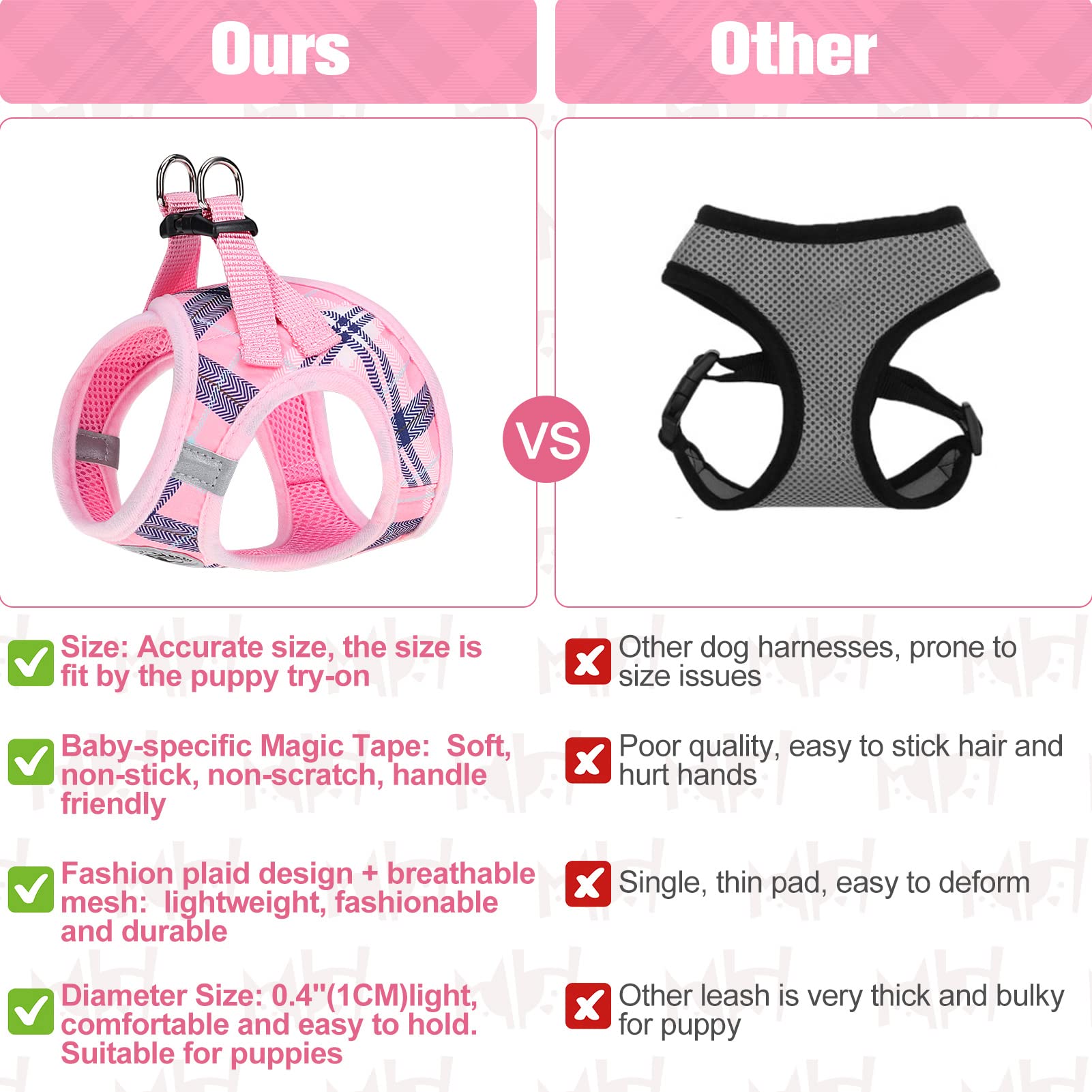 BEAUTYZOO Small Dog Harness and Leash Set, Soft Mesh, Reflective, Medium, Pink, for Extra-Small/Small Dogs and Cats