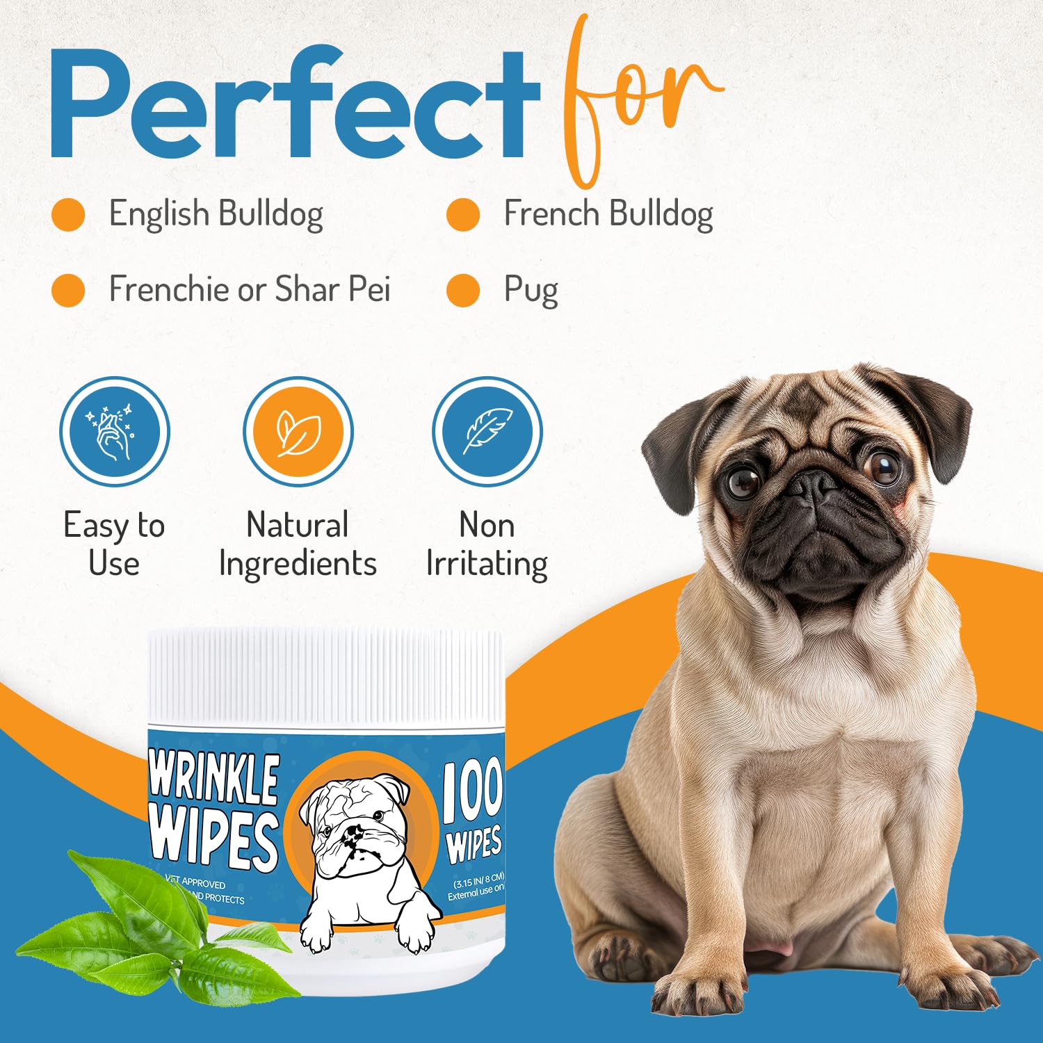 Bulldog Wrinkle Wipes for Dogs - Deodorizing & Soothing with Honeysuckle Extract - Non-Irritating, Cleans Wrinkles, Folds, Paws