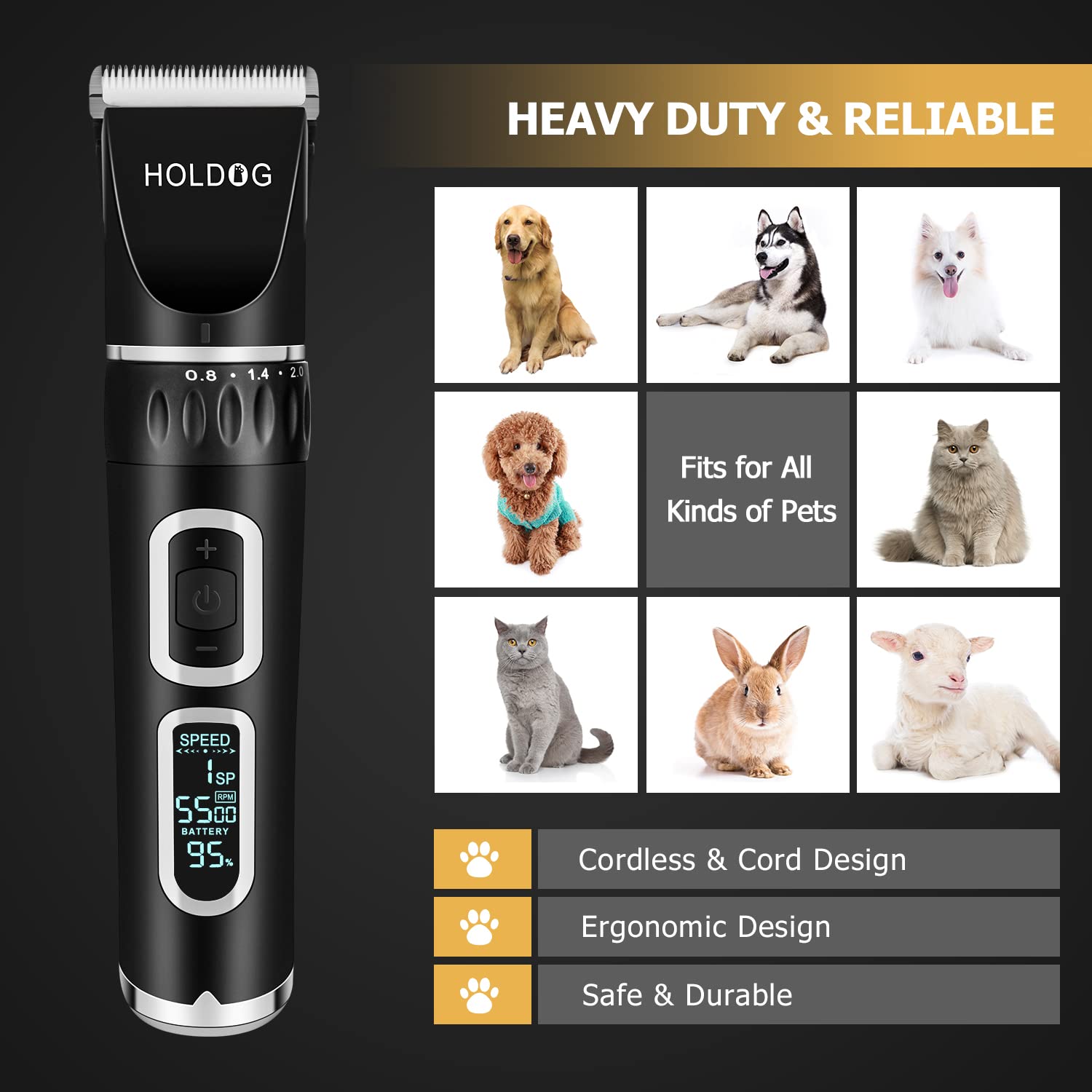 Dog Clippers Professional Heavy Duty Dog Grooming Clipper 3-Speed Low Noise High Power Rechargeable Cordless Pet Grooming Tools