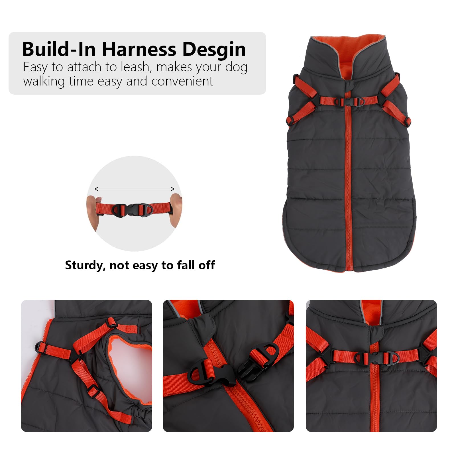 Geyecete Winter Warm Coat Waterproof Dog Winter Jacket With Harness Traction Belt,Windproof Pet Outdoor Jacket-Gray-L