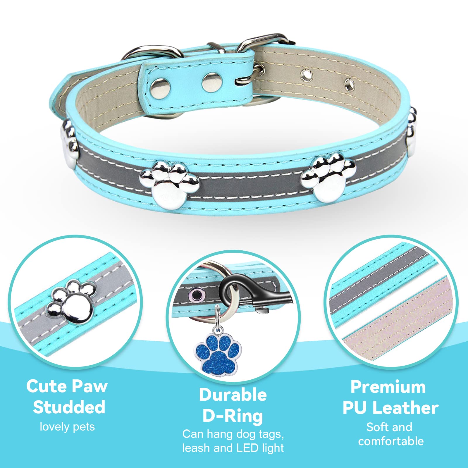 Petcare Reflective Dog Collar With Cute Paw Rivet Studded Funny Soft Pu Leather Adjustable Puppy Dog Collars For Small Medium Large Dogs Cats (Blue,Xx-Large)