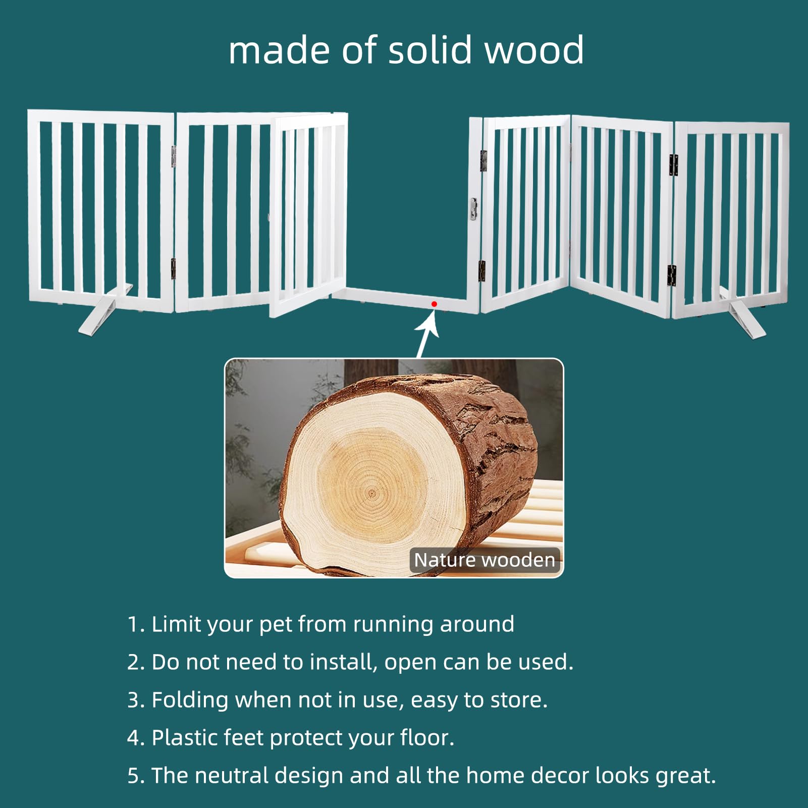 Sfjc Freestanding Foldable Dog Gate Indoor With Door, Wooden White Dog Fence For Doorway, Stairs, House, Or Room, Pet Gate With
