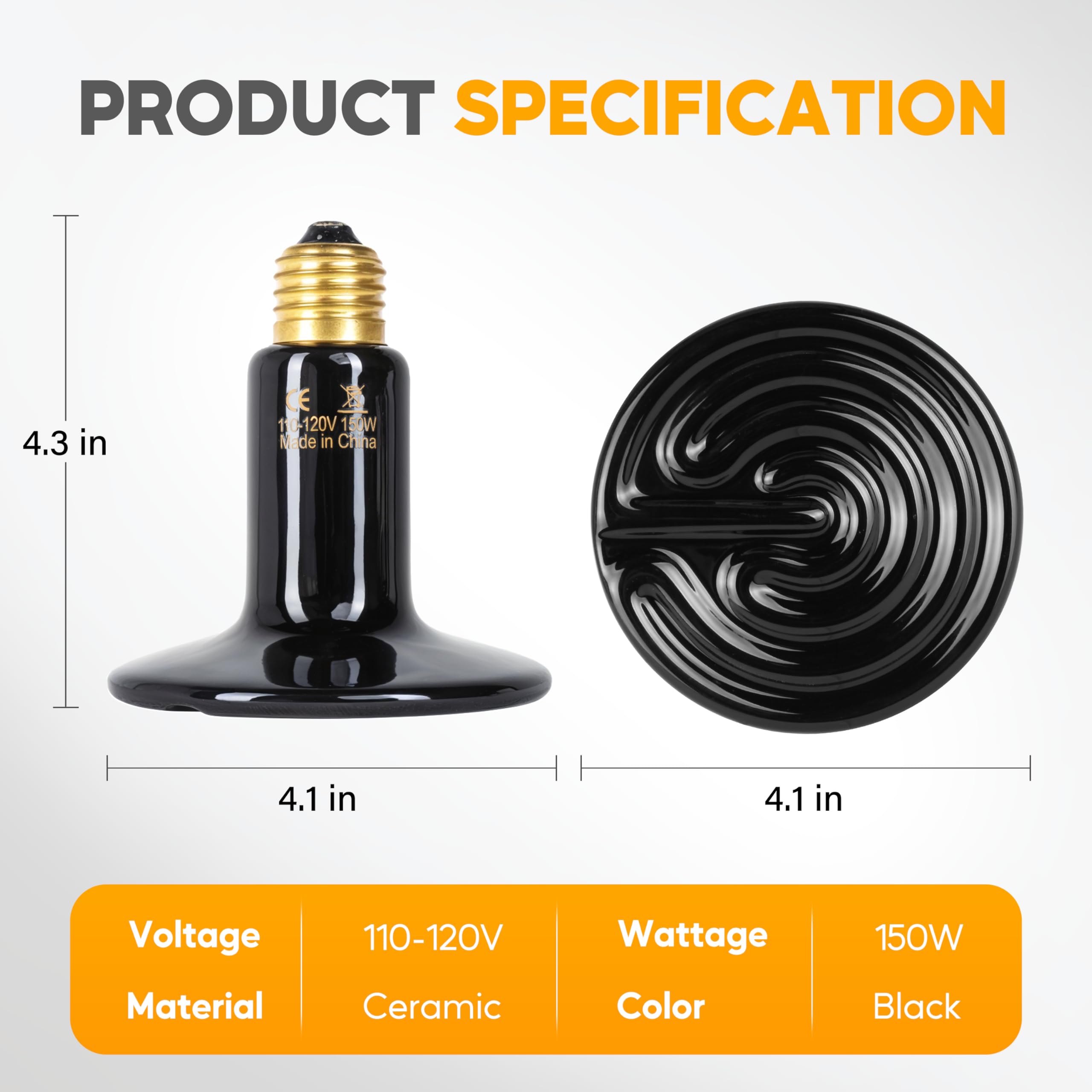 HealSmart 150W Reptile Heat Lamp Ceramic Heat Emitter, No Light Emitting Heat Bulbs, Suitable for Snake/Lizard/Spider, Plant Gro