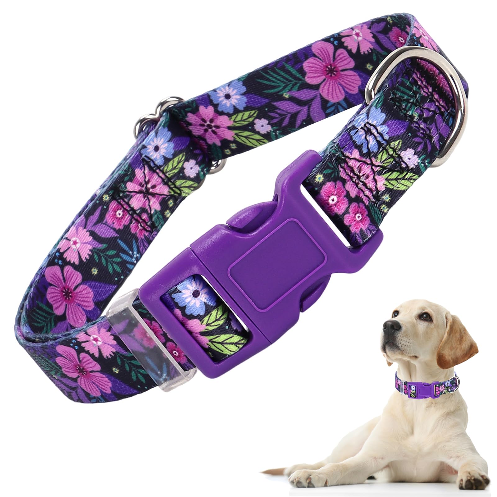 Purple Dog Collars For Large Dogs,Cute Girl Dog Collar With Boho Flowers Patterns,Adjustable Comfy Soft Durable Pet Cat Collar F