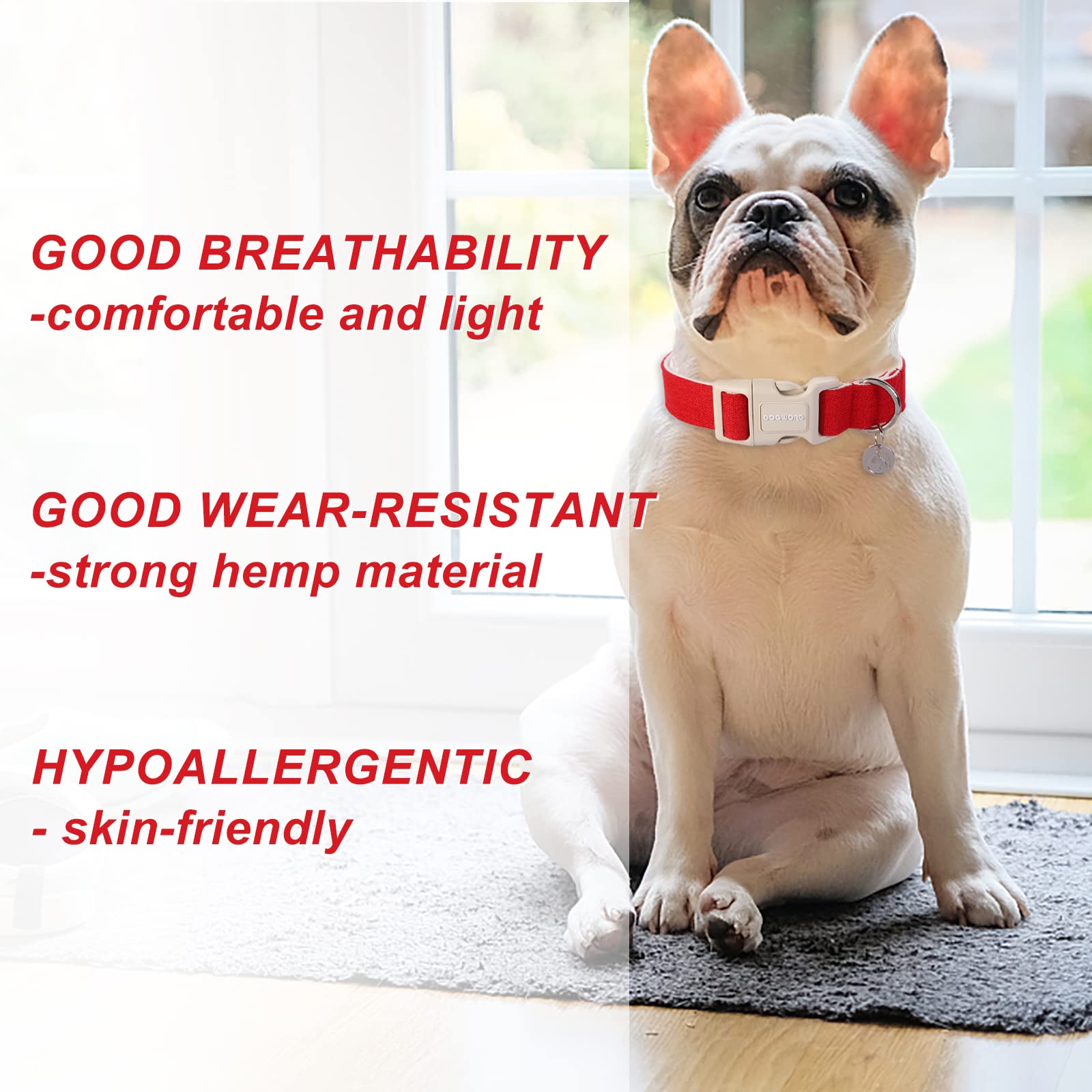 Dogwong Cotton Hemp Dog Collar, Heavy-Duty Red Dog Collar Adjustable Soft Natural Fabric Pet Dog Collar Cute Wedding Puppy Neckl