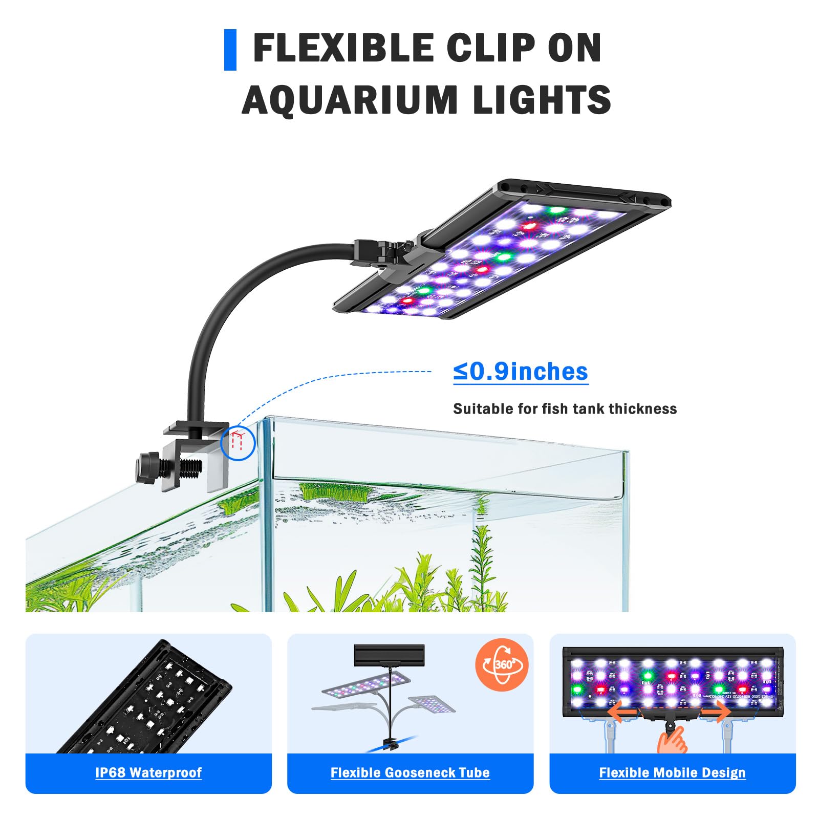 AQQA LED Aquarium Light, 24/7 Mode Clip on Fish Tank Light with Memory Function, DIY Mode Full Spectrum Aquarium Plant Light, Ad
